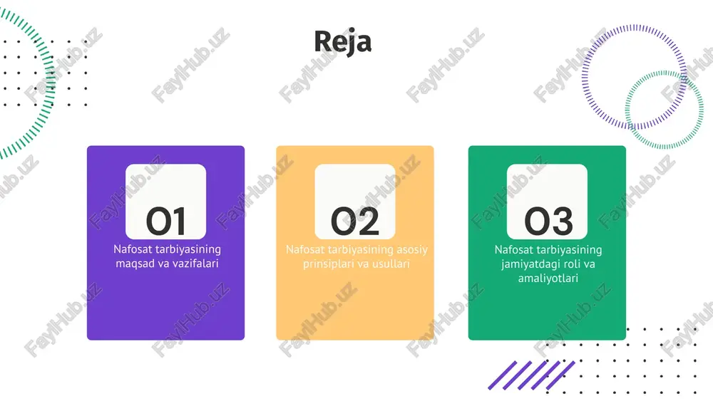 alanish innovatsion yondashuvlardir. bu usullar tarbiyada samaradorlikni oshiradi. 1 2 nafosat tarbiyasining jamiyatdagi o‘rni nafosat tarbiyasining jamiyatdagi ahamiyati nafosat tarbiyasi jamiyatda ahloqiy qadriyatlarni mustahkamlash, ijtimoiy barqarorlik va milliy birlikni rivojlantirishda muhim rol o‘ynaydi. nafosat tarbiyasining ijtimoiy rivojlanishga ta'siri u yoshlar orasida mas'uliyatni oshiradi, ijtimoiy adolatni ta'minlaydi va ijobiy o‘zgarishlarni yuzaga keltiradi. nafosat tarbiyasining amaliyotlari nafosat tarbiyasining amaliyotlari dunyo bo'ylab maktab darslari, madaniyat festivallari va jamiyat tadbirlari orqali amalga oshiriladi. bu usullar insonning axloqiy sifatlarini rivojlantiradi. ta'lim muassasalarida nafosat tarbiyasiga e'tibor beriladi. axloq va madaniyat darslari, etika va odob kurslari orqali yoshlar nafosatga o'rgatiladi. jamiyatda nafosatni rivojlantirish uchun davlat va nodavlat tashkilotlari tomonidan seminarlar, festival va ko'rgazmalar o'tkaziladi. bu tadbirlar nafosatni keng tarqatishga yordam beradi. nafosat tarbiyasining maqsadlari shaxsiy rivojlanish, ijtimoiy moslashuv va qobiliyatlarni rivojlantirishga qaratilgan. vazifalar tarbiyaviy jarayonni tashkil etish, ijtimoiy qadriyatlarni o'rgatish, shaxsiy va ijtimoiy mas'uliyatni oshirishni o'z ichiga oladi. bu usullar va jamiyatdagi o'rni muhimdir. xulosa, nafosat tarbiyasi …
