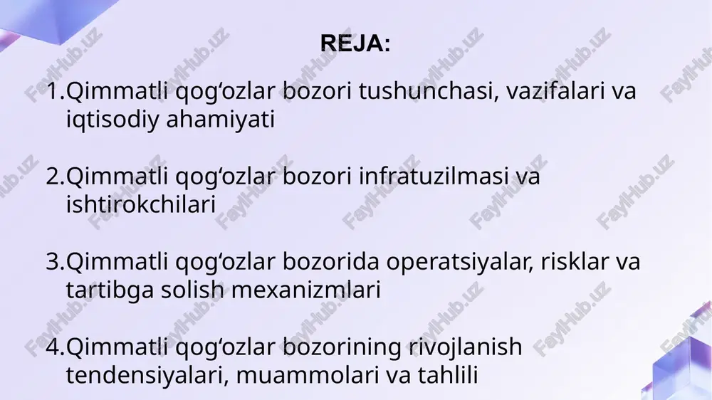 r va obligatsiyalar sotiladi, ikkilamchi bozorda esa oldin chiqarilgan qimmatli qog‘ozlar bilan erkin savdo amalga oshiriladi. qimmatli qog‘ozlar bozori infratuzilmasi va ishtirokchilari qimmatli qog‘ozlar bozorining asosiy vazifalaridan biri – kapital oqimini samarali boshqarishdir. bozor korxonalar uchun moliyaviy resurslarni jalb qilishning muqobil manbasini yaratadi. bank kreditlaridan farqli ravishda qimmatli qog‘ozlar chiqarish orqali kompaniya uzoq muddatli va arzonroq resurslarga ega bo‘ladi. investorlar uchun esa bozor risk va rentabellik nisbatiga qarab investitsiya portfeli tuzish, aktivlarni diversifikatsiya qilish imkonini beradi. bozorning yana bir vazifasi – aktivlarning real qiymatini shakllantirishdir. fond birjalari orqali narxlar talab va taklif asosida shakllanib, iqtisodiy jarayonlarning aniq aksini beradi. bu ma’lumotlar biznes qarorlar qabul qilishda alohida ahamiyatga ega. qimmatli qog‘ozlar bozorining tartibga solinishi uning barqaror ishlashi uchun zaruriy shartdir. har bir davlat mazkur sohani qonunchilik asosida tartibga soladi, qoidalar belgilaydi va investorlar huquqlarini himoya qiladi. regulyatorlarning asosiy vazifasi — bozor shaffofligini ta’minlash, firibgarlik va manipulyatsiyalarni oldini olish, emissiya jarayonlariga qat’iy …