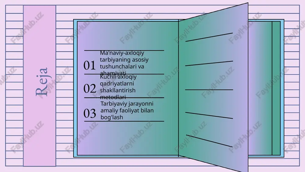 iy qadriyatlarni rivojlantirish uchun shartlar shaxsiy mas'uliyatli bo'lish, ijobiy misollarga asoslangan ta'lim va jamiyatga foydali bo'lishdir. o'qituvchilar va ota-onalar muhim rol o'ynaydi. ular shaxsiy namuna bo'lib, doimiy, tizimli va muvofiqlashtirilgan faoliyat orqali axloqiy qadriyatlarni rivojlantiradilar. axloqiy qadriyatlarni shakllantirishda metodlar ushbu slaydda axloqiy qadriyatlarni shakllantirish uchun ishlatiladigan metodlar, amaliy mashg'ulotlar, o'yinlar va jamoaviy ishning muhimligi haqida ma'lumot beriladi. o'quv jarayonida axloqiy qarorlar qabul qilish qobiliyatini rivojlantirish va o'zaro munosabatlarni mustahkamlash uchun samarali usullar taqdim etiladi. photo by andrej lišakov on unsplash tarbiyaviy jarayon va amaliy faoliyat tarbiyaviy jarayonning mohiyati va ahamiyati shundaki, u o'quvchilarning axloqiy fazilatlarini shakllantirishda muhim rol o'ynaydi. amaliy faoliyat esa bu jarayonni mustahkamlash uchun muhim vositadir, masalan, jamoat ishlarida qatnashish, yordam berish va muammo yechish orqali axloqiy qadriyatlarni rivojlantirish mumkin. amaliy faoliyat orqali o'quvchilar halollik, mas'uliyat, hurmat, do'stlik va yordam kabi axloqiy qadriyatlarni o'zlashtiradi. buning uchun jamoaviy ishlash, ijtimoiy xizmatlar va muammo yechish kabi usullardan foydalanish tavsiya etiladi. …