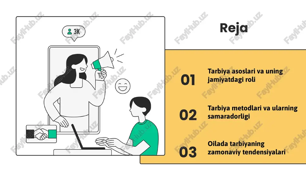 r: motivatsiya va hissiy rivojlanishni qo'llab-quvvatlaydi. samaradorlikni oshirish uchun metodlarni birlashtirish va innovatsion yondashuvlar muhim. photo by ngozi ejionueme on unsplash oilada tarbiyaning zamonaviy tendensiyalari zamonaviy oilada tarbiya texnologiyalarga asoslangan bo'lib, onlayn ta'lim, interaktiv o'yinlar va mobil ilovalar bilan amalga oshirilmoqda. bu usullar yosh avlodning shaxsiy va ijtimoiy rivojlanishini ta'minlaydi. yangi yondashuvlar sifatida shaxsga qaratilgan ta'lim, psixologik yordam va madaniyatga asoslangan metodlar keng qo'llanilmoqda. bu, shaxsning individual ehtiyojlarini hisobga olgan holda, rivojlanishni rag'batlantiradi. oila va jamiyat o'rtasidagi aloqalar rivojlanmoqda, oila a'zolari va jamiyat o'rtasida ochiq muloqot, texnologik savodxonlik va madaniy xabardorlikni oshirishga qaratilgan harakatlar kengaymoqda. oila tarbiyasida innovatsion yondashuvlar zamonaviy texnologiyalar va psixologik yondashuvlar yordamida oila ichidagi tarbiya jarayonini optimallashtirish mumkin. onlayn platformalar va mobil ilovalar orqali ota-onalar va bolalar o'rtasida samarali muloqot o'rnatiladi. oila a'zolari orasida ochiq va samimiy muloqot, texnologiyalardan foydalanish va ijtimoiy tarmoqlarning ta'siri tarbiyaning muhim qismi hisoblanadi. photo by diego ph on unsplash xulosa tarbiya jamiyat …