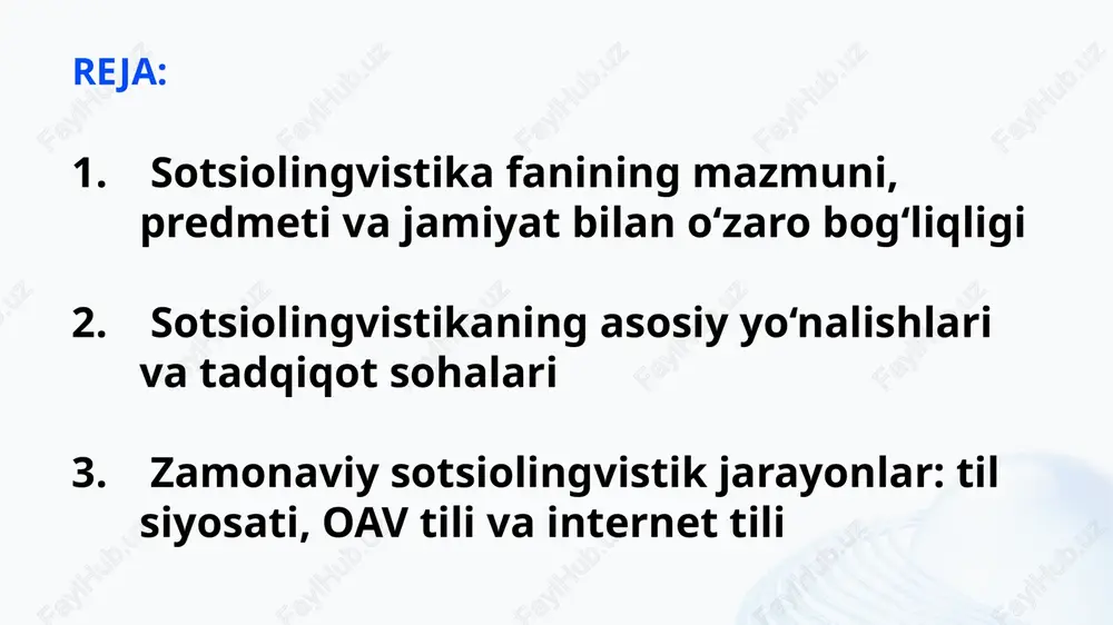 lingvistikaning vazifalari sotsiolingvistikaning vazifalari tilning jamiyatdagi funksiyalarini aniqlash, til o‘zgarish jarayonlarini izohlash, ijtimoiy guruhlar nutq madaniyati o‘rtasidagi farqlarni tahlil qilish va til siyosati uchun ilmiy asos yaratishdan iborat. fan tilning prestiji, maqomi, rasmiy-norasmiy shakllarini o‘rganib, jamiyatning til bilan bog‘liq ehtiyojlarini aniqlashga xizmat qiladi. yana bir muhim vazifa — tilning ijtimoiy tabaqalanishidagi ko‘rinishlarni o‘rganishdir. bundan tashqari, sotsiolingvistika ko‘p tillilik, bilingvizm, diglossiya, til kontaktlari va til o‘zgarishlarini nazariy jihatdan asoslaydi. u til rivojiga ta’sir etuvchi siyosiy, madaniy va iqtisodiy omillarni ham kompleks ravishda tahlil qiladi. til va jamiyat munosabati til jamiyatning ijtimoiy tuzilmasi, uning madaniy qadriyatlari, axloqiy normalari va tarixiy taraqqiyoti bilan uzviy bog‘liqdir. jamiyatning shakllanishi til orqali namoyon bo‘ladi va til ijtimoiy munosabatlarni tartibga soluvchi asosiy vosita sifatida xizmat qiladi. til orqali jamiyatdagi ijtimoiy rollar belgilanadi, madaniy meros uzatiladi, dunyoqarash shakllanadi. sotsiolingvistika tilning jamiyatdagi o‘rni, uning ijtimoiy nufuzi, statusi va qo‘llanish doiralarini tahlil qilib, tilning ijtimoiy hayotda tutgan o‘rnini ilmiy jihatdan …