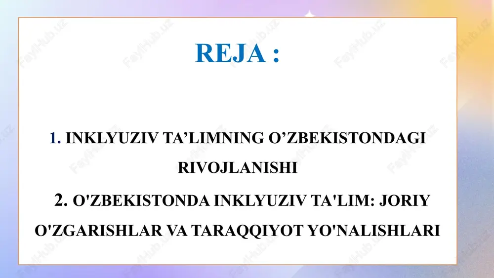 ola yaqin atrofda joylashgan maktabda taʼlim olishi, oʻzlashtirishda qiynalayotgan boʻlsa, oʻqish va yozishga oʻrganish uchun maxsus yordam olishi darslarga qatnamay qoʻygan bolaga esa maktabga qaytish uchun tegishli yordam koʻrsatilishini kafolatlaydi. 19-may kuni oliy majlis ilk bor inklyuziv taʼlim tushunchasi kiritilgan yangi tahrirdagi „taʼlim toʻgʻrisida“ gi qonun qabul qildi. oʻzbekiston nogironlar assotsiatsiyasi mutaxassislar bilan birga qonun loyihasining inklyuziv taʼlim tamoyillariga muvofiqligi boʻyicha tahlil oʻtkazdi. qonunning 20-moddasi olish imkoniyatini yaratadi. qonunning 20- moddadasida jismoniy, aqliy, sensor va ruhiy nuqsonlari boʻlgan bolalar uchun taʼlim tashkilotlarida inklyuziv taʼlimni tashkil etiladi. inklyuziv taʼlimni tashkil etish oʻzbekiston respublikasi vazirlar mahkamasi tomonidan belgilanadi. vazirlar mahkamasi tomonidan 12.10.2021 yildagi «alohida ta’lim ehtiyojlari boʻlgan bolalarga ta’lim berishga oid normativ-huquqiy hujjatlarni tasdiqlash toʻgʻrisida»gi 638-son qaror qabul qilindi. hujjat 13.10.2020 yildagi «alohida ta’lim ehtiyojlari boʻlgan bolalarga ta’lim-tarbiya berish tizimini yanada takomillashtirish chora-tadbirlari toʻgʻrisida»gi pq-4860-son qarorga muvofiq ishlab chiqilgan. 2020–2025 yillarda xalq ta’limi tizimida inklyuziv ta’limni rivojlantirish konsepsiyasida alohida ta’lim ehtiyojlari boʻlgan …