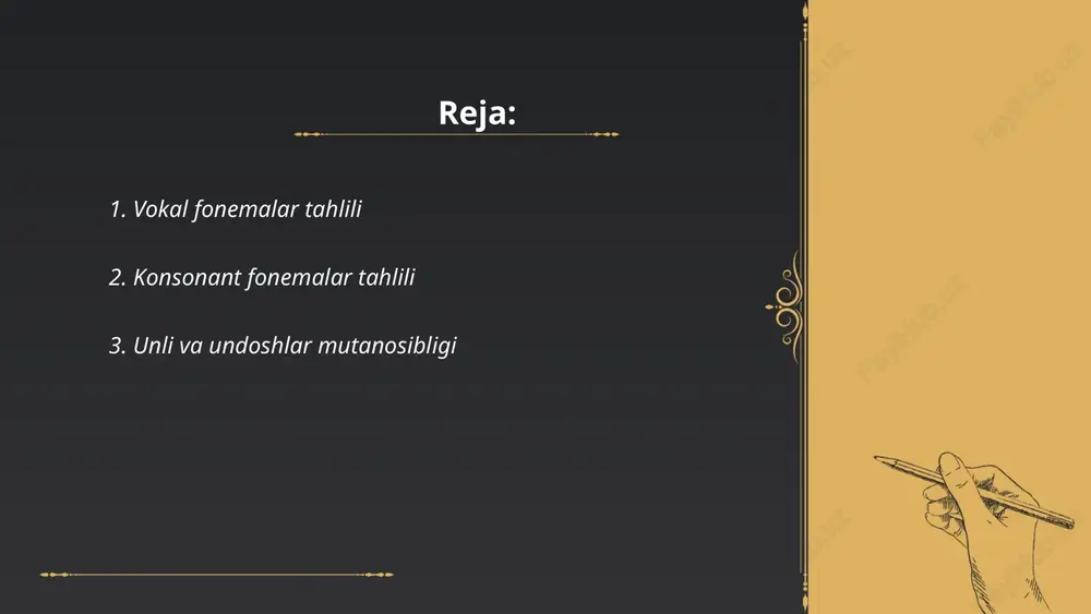 shlar: a, o, u, e, i, hamda o‘. undosh tovushlar esa turli jarangli va jarangsiz tovushlardan tashkil topgan. o‘zbek tilining tovush tizimida unli va undoshlar mutanosibligi so‘zlarning talaffuzida va tushunarli bo‘lishida katta ahamiyatga ega. so‘zlarda unli va undoshlar o‘zaro muvozanatni saqlaydi, bunda unli tovushlar so‘zlarga ohang va jarang qo‘shadi, undoshlar esa ma’noni aniqlashtiradi. o‘zbek tilida odatda so‘zlarda unli va undoshlar soni bir-biriga yaqin bo‘ladi, bu esa tilning ifoda va talaffuz qulayligini ta’minlaydi. ... t.me/slaydai_bot 4. so'z urg'usining orfoepik tahlili so'z urg'usining orfoepik tahlili tilning tovush tizimi va talaffuz qoidalariga e'tibor berish lozimligini o'z ichiga oladi. o'zbek tilida so'z urg'usi odatda so'zning oxirgi bo'g'iniga tushadi, ammo ayrim hollarda bu qoidaga istisnolar mavjud. masalan, ayrim yasalma so'zlarda va chet tillardan olingan so'zlarda urg'u boshqa bo'g'inlarga tushishi mumkin. urg'u noto'g'ri o'rnatilsa, ma'no noaniqliklari yuzaga kelishi yoki o'qish-tushunish qiyinchiliklari tug'ilishi mumkin. so'z urg'usi nutqda intonatsiyaga ta'sir qiladi va to'g'ri talaffuzni ta'minlashga yordam beradi. to'g'ri …