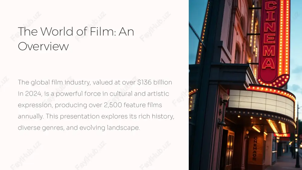 en evolution of film technology celluloid to digital over 90% of productions now use digital filming, offering greater flexibility and efficiency. cgi and vfx computer-generated imagery and visual effects have revolutionised visual storytelling, creating impossible worlds. streaming platforms services like netflix and disney+ have transformed film distribution and consumption, bringing cinema to homes. 6 the business of blockbusters film industry economics while global box office revenue reached $45 billion in 2024, streaming services are rapidly expanding their market share, growing at 15% annually. the industry operates with diverse financing models, from large studio productions to independent film ventures. 7 celebrating cinematic excellence film festivals and awards cannes film festival prestigious french festival, known for its palme d'or and red carpet glamour. sundance film festival leading us independent film festival, a launchpad for new voices and visions. berlinale berlin international film festival, a major european event with a focus on art …