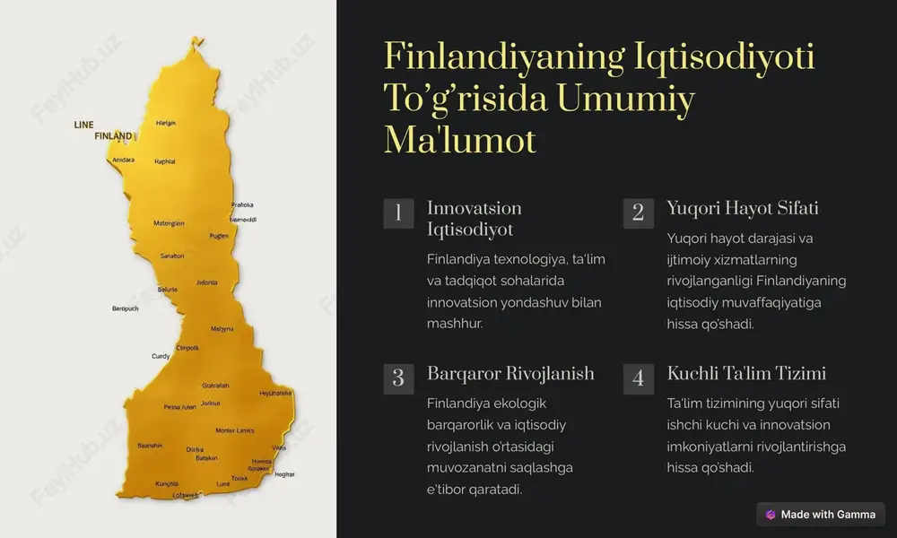 app/?utm_source=made-with-gamma eksport sektorining kengayishi 1 texnologiya eksportining o’sishi finlandiya texnologiya sohasidagi eksporti, ayniqsa telekommunikatsiya, dasturiy ta'minot va o’yinlar sohalarida tez sur'atlar bilan o’smoqda. 2 xizmatlar eksportining kengayishi turizm, ta'lim va sog’liqni saqlash kabi xizmatlarning eksporti ham sezilarli darajada o’smoqda. 3 global bozorlarda raqobat finlandiya kompaniyalari global miqyosda o’z mahsulotlari va xizmatlarini sotish uchun raqobatlashmoqdalar. https://gamma.app/?utm_source=made-with-gamma texnologiya sanoatining rol sohalar ta'sir mobil aloqa nokia va boshqa kompaniyalar mobil aloqa texnologiyalarida global etakchilar hisoblanadi. dasturiy ta'minot finlandiya dasturiy ta'minot sohasida o’ziga xos innovatsion yondashuvlar va mahsulotlarni ishlab chiqaradi. o’yin sanoati supercell kabi kompaniyalar o’yin sanoatida global darajada katta muvaffaqiyatlarga erishdilar. https://gamma.app/?utm_source=made-with-gamma barqaror rivojlanishning ahamiyati ekologik barqarorlik finlandiya energiya samaradorligini oshirish, chiqindilarni qayta ishlash va tabiiy resurslarni saqlashga e'tibor qaratadi. qayta tiklanadigan energiya manbalari qayta tiklanadigan energiya manbalaridan foydalanish, masalan, shamol va quyosh energiyasi, ekologik barqarorlikni oshirishga qaratilgan. iqlim o’zgarishiga qarshi kurash finlandiya iqlim o’zgarishiga qarshi kurashda faol ishtirok etadi va ekologik barqarorlikka …