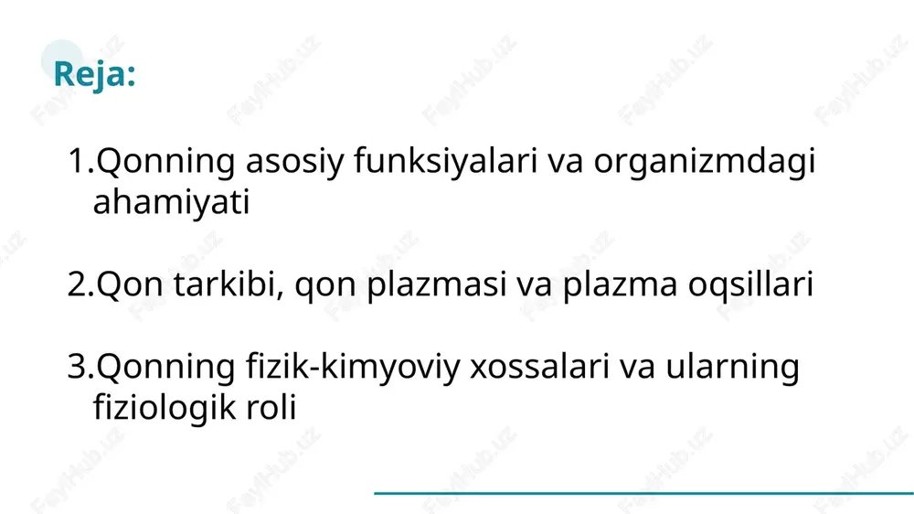 nlar va boshqa organik moddalarni o‘z ichiga oladi. plazma organizmda moddalar almashinuvining markaziy bo‘g‘ini sifatida xizmat qiladi. u orqali hujayralarga oziqa moddalar yetkaziladi, metabolik chiqindilar esa chiqarilishga yo‘naltiriladi. plazma kislota-asos muvozanatini ta’minlab, organizmning umumiy fiziologik barqarorligini ushlab turishda muhim ahamiyatga ega. shuningdek, plazma qon ivishi jarayonida faol ishtirok etadi, chunki unda fibrinogen, protrombin kabi ivish omillari mavjud. plazma tarkibining normal bo‘lishi organizmning barcha tizimlari uchun muhimdir. plazma oqsillari qonda eng muhim tarkibiy moddalardan biri bo‘lib, ular bir necha asosiy guruhlarga bo‘linadi: albuminlar, globulinlar va fibrinogen. albuminlar plazma oqsillarining katta qismini tashkil etib, osmotik bosimni saqlashda va turli moddalarni tashishda ishtirok etadi. globulinlar immun tizimi bilan bog‘liq bo‘lib, antitanachalar aynan shu guruhga kiradi. fibrinogen esa qon ivish jarayonida fibringa aylanish orqali koagulyatsiya mexanizmini ishga tushiradi. plazma oqsillari organizmning immun javobini kuchaytiradi, toksinlarni zararsizlantiradi, shuningdek, ko‘plab metabolik jarayonlarda qatnashadi. oqsillar miqdorining kamayishi yoki ko‘payishi patologik holatlarning muhim belgisi bo‘lib, diagnostikada katta ahamiyatga …