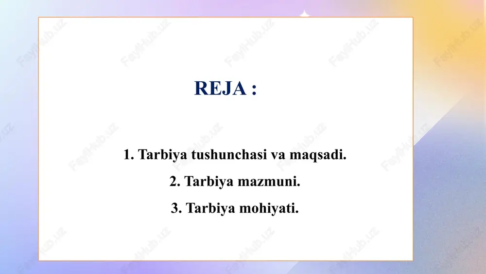 tuzilishi o‘zaro aloqador tarbiyachining tarbiyalovchi, tarbiyalanuvchining tarbiyalanuvchi faoliyatidan iborat. amerika olimi k.rodjers tarbiya jarayoni tuzilishini quyidagicha ifodalaydi: tarbiyachi tarbiya maqsadini qo‘yadi - tarbiyalanuvchi esa maqsadni qabul qilib, anglaydi. 2. tarbiyachi tarbiya mazmunini aniqlaydi - tarbiyalanuvchi esa ma’lumotlarni qabul qiladi. 3. tarbiyachi tarbiya shaklini, metodlarini tanlaydi - tarbiyalanuvchi esa faoliyatda faol ishtirok etadi. 4. tarbiyachi tarbiyaviy ta’sir natijalarini baholaydi, tarbiyalanuvchi esa o‘z xatti-harakatlarini baholaydi. tarbiya insonni madaniyatga intilishida, munosabatlarni shakllanishida, insonni psixik rivojlanishida, shaxsni ijtimoiylashuvida muhim o‘rin tutadi. tarbiyalash - bu odamlar orasida o‘zaro munosabatlar tizimini hosil qilishdir. ya’ni tarbiya odamni boshqa odamlarga, mehnatga, jamiyatga, dunyoga, o‘ziga munosabatlarini shakllantiradi. tarbiya samaradorligi tarbiyaviy munosabatlarga, tarbiya maqsadiga, tarbiya yo‘nalishi va mazmuniga, obyektiv va subyektiv omillarga, tarbiyalash, o‘z-o‘zini tarbiyalash intensivligiga, ta’lim, rivojlanish jarayonlarining faolligiga, tarbiyalanuvchilarning motiv, ehtiyoj, hissiyotiga, tarbiyalanuvchilar orasidagi munosabatlarga bog‘liq. tarbiya mazmuni — bu shaxsning individual ichki dunyosiga aylanadigan, o‘zlashtirishi lozim bo‘lgan jamiyatning moddiy va ma’naviy madaniyati elementlari, g‘oya va ideallar, qadriyatlar, …