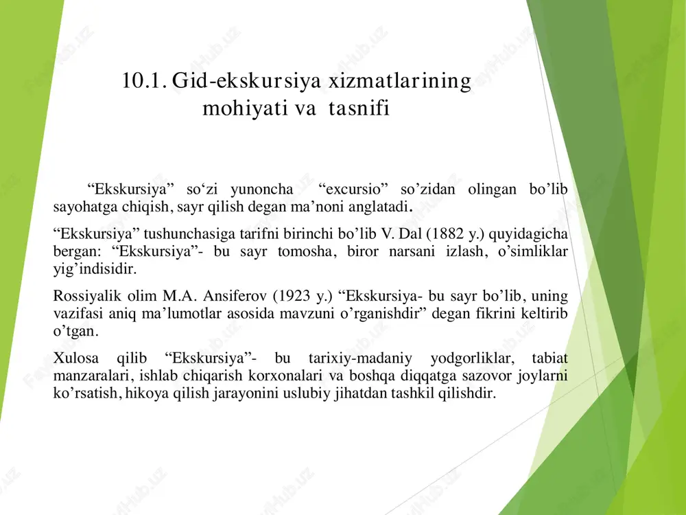 angan ekskursiyalar 4 4 adabiyotshunoslik mavzusidagi ekskursiyalar 5 me‟morchilik – shaharsozlik mavzularidagi ekskursiyalar 2 ishlab chiqarish sohasi mavzusidagi ekskursiyalar 5 ekskursiya xizmati oldida turgan vazifalari quyidagicha namoyon bo‟ladi: gid ekskursantlar ko‟radi eshitadi his qiladi ko‟nikmaga ega bo‟ladi ekskursiya xizmatlari quyidagi talablarga javob beradi:  ekskursiya xizmatlari iqtisodiy faoliyatni bajaradi (turistik firma ekskursiya marshrutlarini sotishdan daromad oladi, ekskursiya a‟zolaridan tushgan mablag„ hisobiga daromad oladi, gid-tarjimon ish o„rinlari yaratiladi, ekskursiya obyektida turistik infratuzilmalar hosil bo„ladi).  ekskursiya xizmatlarining g„oyaviy siyosiy faoliyati (vatanning tarixiy meroslari, yangi texnologiyalar bilan tanishishda g„urur hissi, siyosiy mo„tadillikni sezish xususiyatlari paydo bo„ladi).  ekskursiya xizmatlarining umumiy ta‟lim berish faoliyati (ekskursiya ekskursantlarga universal bilim beradi: tarixiy-madaniy meros haqida, ishlab chiqarish haqida, madaniy-ma‟rifiy, ma‟naviyat haqida, san‟at haqida, yangi texnologiyalar va h.k.)  ekskursiya xizmatlari axborot tashish, axborotlar berish faoliyatini bajaradi (o„tmish va hozirgi voqealar, jarayonlar, sivilizatsiya taraqqiyoti, hozirgi rivojlanish, global voqealar, xalqaro integratsiya va h.k.)  ekskursiya xizmatlari tarbiyaviy faoliyatni …