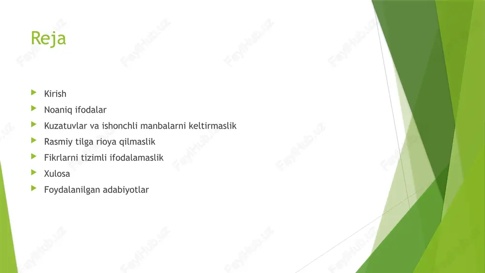 ir nechta joyda qayta-qayta aytish. masalan:  "xulosa shundan iboratki, ilmiy ishda natijalar juda muhim. natijalar ilmiy ishning asosiy qismidir."  bu ibora bir xil fikrni ikki marta takrorlaydi va matnni ortiqcha qiladi.  takrorlanishdan qochish usullari:  anik va bir marta ifodalash: har bir fikrni bir marta aniq va to'liq ifodalash kerak.  sintaksisni o'zgartirish: fikrni takrorlamaslik uchun, gap tuzilishini o'zgartirish yoki yangi misollar keltirish mumkin.  tahrir qilish: matnni tahrir qilishda takrorlanishlarni aniqlab, ularni tuzatish zarur.  takrorlanishdan qochish ilmiy ishning ravonligini va aniq tushunilishini ta'minlaydi. kuzatuvlar va ishonchli manbalarni keltirmaslik  akademik matnlarda kuzatuvlar va ishonchli manbalarni keltirmaslik ilmiy ishning ishonchliligini pasaytiradi. fikrlarni yoki xulosalarni manbalar bilan tasdiqlamaslik ilmiy ishni zaiflashtiradi.  misollar:  "bu usul samarali ishlaydi" degan fikrni kuzatuvlar yoki manbalar bilan asoslamaslik.  "ko'plab tadqiqotlar shuni ko'rsatdiki..." deb boshlanib, manbalar taqdim etilmaslik.  noaniqlikdan qochish usullari:  fikrlarni ishonchli manbalar va kuzatuvlar bilan tasdiqlash. …