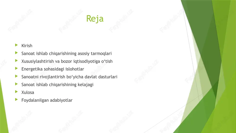 – sanoat korxonalarining tashkil etilishi yo‘llar, elektr energiyasi tarmoqlari va boshqa infratuzilma obyektlarining rivojlanishiga turtki bo‘ladi. shu sababli, sanoat ishlab chiqarishini rivojlantirish har qanday davlat uchun strategik ahamiyatga ega va uzoq muddatli barqaror taraqqiyotga xizmat qiladi. sanoat ishlab chiqarishining asosiy tarmoqlari  sanoat ishlab chiqarishi quyidagi asosiy tarmoqlarga bo‘linadi:  🔹 og‘ir sanoat – metallurgiya, kimyo sanoati, mashinasozlik. 🔹 yengil sanoat – to‘qimachilik, oziq-ovqat, farmatsevtika. 🔹 energetika sektori – neft-gaz, elektroenergetika, qayta tiklanadigan energiya manbalari. 🔹 qurilish materiallari sanoati – sement, beton, shisha va keramika mahsulotlari.  bu tarmoqlar iqtisodiy o‘sish va texnologik taraqqiyot uchun muhim hisoblanadi. sanoat sohasidagi islohotlarning asosiy yo‘nalishlari  🔹 xususiylashtirish – davlat korxonalarini xususiy sektorga topshirish. 🔹 investitsiyalarni jalb qilish – chet el sarmoyadorlari uchun qulay sharoit yaratish. 🔹 texnologik modernizatsiya – zamonaviy uskunalar va innovatsiyalarni joriy etish. 🔹 eksport salohiyatini oshirish – xalqaro bozorlarga chiqishni rag‘batlantirish. 🔹 barqaror rivojlanish – ekologik toza ishlab chiqarish …