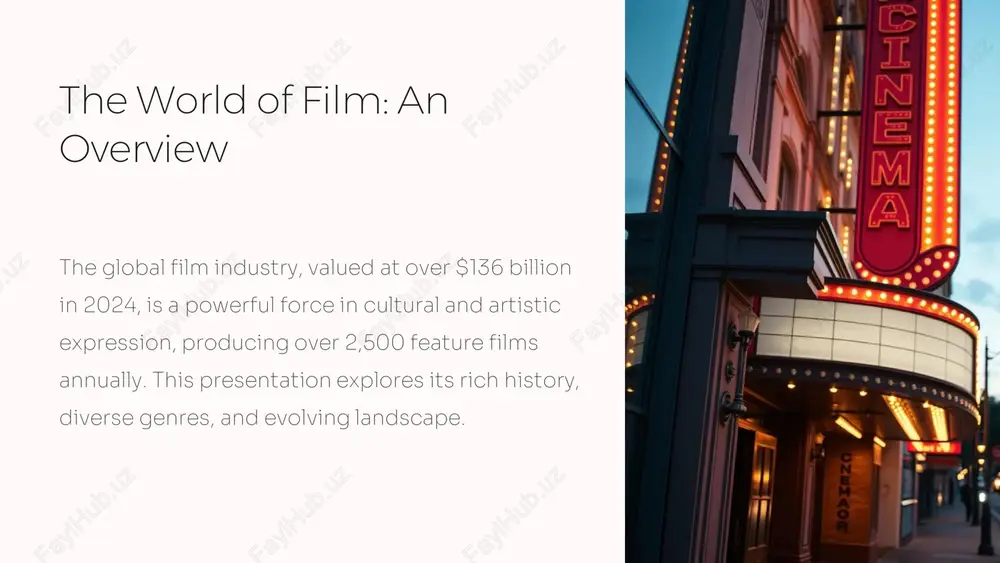5 distribution releasing the film to cinemas, streaming, and home media markets. the entire process for an average feature film typically takes 6-12 months, involving key roles such as director, producer, screenwriter, cinematographer, and editor. https://gamma.app/?utm_source=made-with-gamma https://gamma.app/?utm_source=made-with-gamma innovation on screen evolution of film technology celluloid to digital over 90% of productions now use digital filming, offering greater flexibility and efficiency. cgi and vfx computer-generated imagery and visual effects have revolutionised visual storytelling, creating impossible worlds. streaming platforms services like netflix and disney+ have transformed film distribution and consumption, bringing cinema to homes. https://gamma.app/?utm_source=made-with-gamma https://gamma.app/?utm_source=made-with-gamma the business of blockbusters film industry economics https://gamma.app/?utm_source=made-with-gamma https://gamma.app/?utm_source=made-with-gamma celebrating cinematic excellence film festivals and awards cannes film festival prestigious french festival, known for its palme d'or and red carpet glamour. sundance film festival leading us independent film festival, a launchpad for new voices and visions. berlinale berlin international film festival, a major european event with …