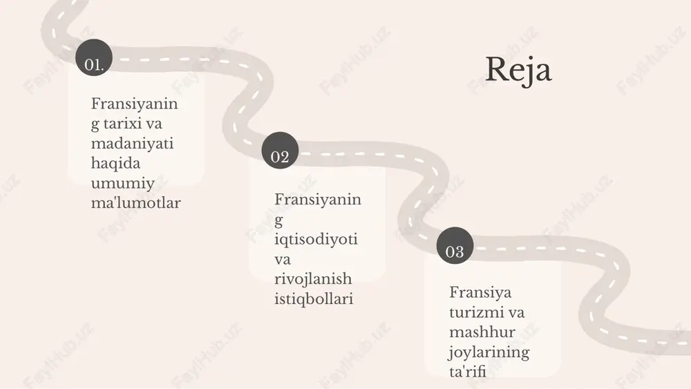 angi uslublar va harakatlar paydo bo'ldi. fransuz san'ati hozirda dunyo bo'ylab san'atkorlar va ijodkorlar uchun ilhom manbai sifatida xizmat qiladi. fransiya adabiyoti fransiya adabiyotining xilma-xilligi fransiya adabiyoti o'zining xilma-xilligi bilan ajralib turadi. u asrlar davomida turli janrlar va uslublarda rivojlanib kelgan. klassik adabiyotdan zamonaviy asarlargacha, fransuz yozuvchilari o'zlarining noyob ovozlari bilan adabiyotga katta hissa qo'shganlar. mashhur yozuvchilar va ularning asarlari fransiya adabiyotida mashhur yozuvchilar orasida viktor gyugo, gustav flaubert, va mark tvenni keltirish mumkin. ularning asarlari fransuz adabiyotining asosiy yo'nalishlaridan birini tashkil etadi. masalan, gyugoning "parijning qizil chiroqlari" asari ijtimoiy masalalarni yoritadi va o'z vaqtida katta ta'sir ko'rsatgan. adabiyotning madaniy hayotdagi o'rni adabiyot, fransiya madaniyatining ajralmas qismi hisoblanadi. u inson ruhiyatini, ijtimoiy masalalarni va tarixiy jarayonlarni aks ettiradi. yozuvchilar o'z asarlari orqali jamiyatning o'zgarishlariga ta'sir ko'rsatgan va madaniyatning rivojlanishida muhim rol o'ynagan. 01. 02. 03. fransiya musiqasi fransiya musiqasining tarixi 15-asrda boshlangan bo'lib, u o'zining boy merosi va xilma-xilligi bilan …