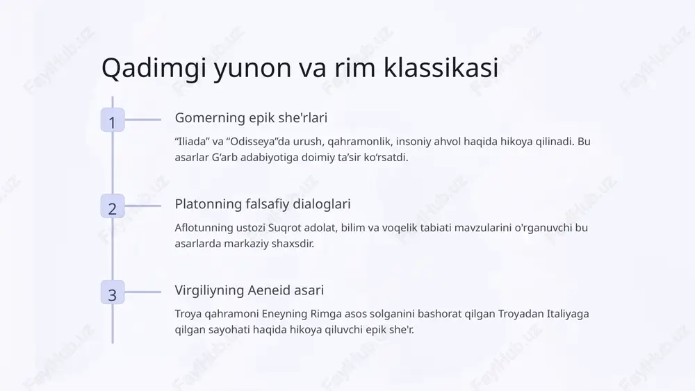 biyoti va san'atiga qiziqishning jonlanishini ko'rdi, yozuvchilar va rassomlarga ularning uslubi va mavzulariga taqlid qilishga ta'sir qildi. neoklassitsizm ma’rifatparvarlik davri qadriyatlarini aks ettiruvchi adabiy-badiiy oqim sifatida vujudga keldi. u klassik modellardan ilhom olib, muvozanat, tartib va ​​uyg'unlikni ta'kidladi. romantizm va 19-asr romantizm 19-asrda butun evropani qamrab olgan kuchli badiiy va adabiy oqim edi. unda ma’rifatparvarlarning aql va mantiqqa e’tibor qaratishini rad etib, hissiyot, tasavvur va individualizmga urg‘u berilgan. 1 tabiat tabiatning go'zalligi va kuchiga urg'u berish 2 individuallik biror kishining noyob tajribalari va his-tuyg'ulariga e'tibor qarating 3 hissiyot kuchli his-tuyg'ular va ehtiroslarni ifodalash 4 tasavvur ijodkorlik va tasavvur kuchiga urg'u berish romantizmning ta'siri adabiyotdan ancha uzoqqa cho'zilgan, musiqa, san'at va hatto siyosiy fikrga ta'sir qilgan. u buyuk va sirli, ilhomlantiruvchi rassomlar va yozuvchilarni insoniyat tajribasining chuqurligini o'rganishga bag'ishladi. romantizm bugungi kunda g'arb madaniyatida hayotiy kuch bo'lib qolmoqda, u tabiatni qadrlashimizdan tortib individual o'zlikni tushunishimizgacha bo'lgan hamma narsaga ta'sir qiladi. modernizm …