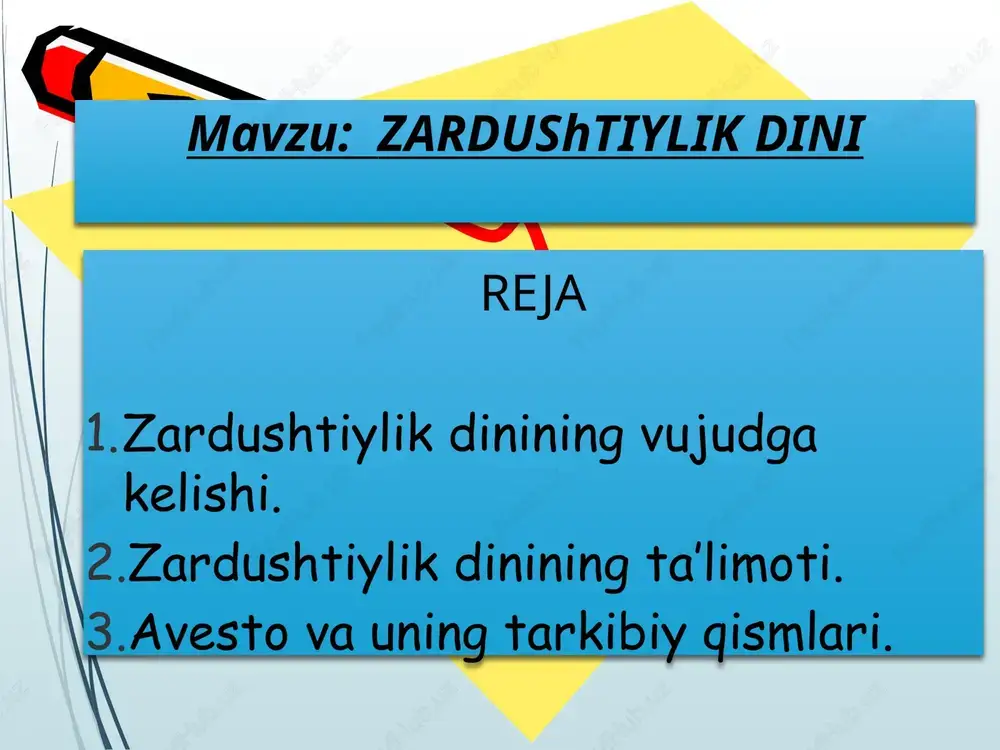 00-570 yillar orasida yashagan ilohiyotchi, faylasuf, shoirdir. ingliz tadqiqotchi m. boys ta’kidlashicha, u mil. av. 1500-1200 yillar orasida yashagan. zardusht markaziy osiyo hududida mavjud bo’lgan ko’pxudolikka negizlangan qadimiy diniy tasavvur va e’tiqodlarni isloh qilib, yangi dinga asos soldi. zardushtning tug’ilgan va ilk diniy faoliyatini boshlagan joyi xususida ikki xil qarash mavjud birinchisi – «g’arb nazariyasi» bo’lib, unga ko’ra midiya (hozirgi eron hududida) zardushtning vatani va zardushtiylikning ilk tarqalgan joyi hisoblanadi. bu fikr tarafdorlarining dalili shuki, birinchidan, zardushtiylikning qadimiy eron hududlarida keng tarqalganligi bo’lsa, ikkinchidan, zardushtiylikning muqaddas kitobi sanalmish avestoga keyin yozilgan sharhlarning qadimiy eron-pahlaviy tilida bo’lganligidir. e’tibordan chiqarmaslik kerakki, zardushtiylik uch buyuk eron imperiyasi – ahamoniylar, arshakiylar va sosoniylar davrlarida, ya’ni mil. av. vi asrdan to mil. vii asrigacha ketma-ket aynan yaqin va o’rta sharqda davlat dini maqomida bo’lgan. ikkinchisi, «sharq nazariyasi» bo’lib, unga ko’ra, zardusht vatani va zardushtiylikning ilk tarqalgan joyi xorazm hisoblanadi. ko’pchilik manbashunoslar ikkinchi nazariya tarafdorlaridirlar. xorazm …