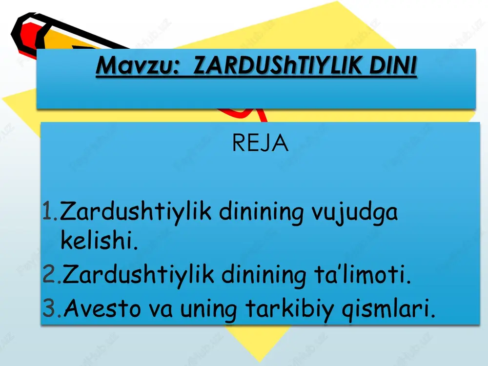 00-570 yillar orasida yashagan ilohiyotchi, faylasuf, shoirdir. ingliz tadqiqotchi m. boys ta’kidlashicha, u mil. av. 1500-1200 yillar orasida yashagan. zardusht markaziy osiyo hududida mavjud bo’lgan ko’pxudolikka negizlangan qadimiy diniy tasavvur va e’tiqodlarni isloh qilib, yangi dinga asos soldi. zardushtning tug’ilgan va ilk diniy faoliyatini boshlagan joyi xususida ikki xil qarash mavjud birinchisi – «g’arb nazariyasi» bo’lib, unga ko’ra midiya (hozirgi eron hududida) zardushtning vatani va zardushtiylikning ilk tarqalgan joyi hisoblanadi. bu fikr tarafdorlarining dalili shuki, birinchidan, zardushtiylikning qadimiy eron hududlarida keng tarqalganligi bo’lsa, ikkinchidan, zardushtiylikning muqaddas kitobi sanalmish avestoga keyin yozilgan sharhlarning qadimiy eron-pahlaviy tilida bo’lganligidir. e’tibordan chiqarmaslik kerakki, zardushtiylik uch buyuk eron imperiyasi – ahamoniylar, arshakiylar va sosoniylar davrlarida, ya’ni mil. av. vi asrdan to mil. vii asrigacha ketma-ket aynan yaqin va o’rta sharqda davlat dini maqomida bo’lgan. ikkinchisi, «sharq nazariyasi» bo’lib, unga ko’ra, zardusht vatani va zardushtiylikning ilk tarqalgan joyi xorazm hisoblanadi. ko’pchilik manbashunoslar ikkinchi nazariya tarafdorlaridirlar. xorazm …