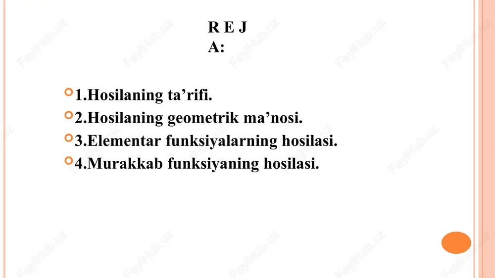 nisbatni tuzamiz: ∆𝑦 2𝑥∆𝑥 + (∆𝑥)2∆𝑥∆𝑥= = 2𝑥 + ∆𝑥. limitga o’tib, berilgan funksiyaning hosilasini topamiz:𝑦′ = lim ∆𝑦 = lim 2𝑥 + ∆𝑥 = 2𝑥.∆𝑥→0 ∆𝑥 ∆𝑥→0 demak, 𝑦 = 𝑥2 funksiyaning ixtiyoriy nuqtadagi hosilasi 𝑦 ′ = 2𝑥. 2) x=3 da quyidagini hosil qilamiz:y′/x=3= 2 ∙ 3 = 6. ∆𝑡→0 ∆𝑡∆𝑡→0 izoh. o’tgan paragrafda, agar harakatlanuvchi nuqta s masofasining t vaqtga bog’lanishi s=f(t) formula bilan ifodalansa, u holda t momentdagi v tezlik𝑣 = lim ∆𝑠 =lim 𝑓 𝑡+∆𝑡 −𝑓(𝑡)∆𝑡formula bilan ifodalanishi aniqlangan edi. demak,𝑣 = 𝑠 ′ = 𝑓′(𝑡) 𝑡 yani tezlik yo’ldan t vaqt bo’yicha olingan hosilaga teng. hosilaning geometrik ma’nosi. endi hosilaning geometrik ma’nosini o’rganamiz. buning uchunavvalegri chiziqqa uning berilgan nuqtasida o’tkazilgan urinmaning ta’rifini kiritamiz. 1-chizma 2-chizma bir egri chiziq va unda tayin 𝑀0 nuqta berilgan bo’lsin.egri chiziqda bir 𝑀1nuqtani olamiz va 𝑀0𝑀1kesuvchini o’tkazamiz (1-chizma). agar 𝑀1 nuqta egri chiziq bo’yicha 𝑀0 nuqtaga cheksiz yaqinlasha borsa, …
