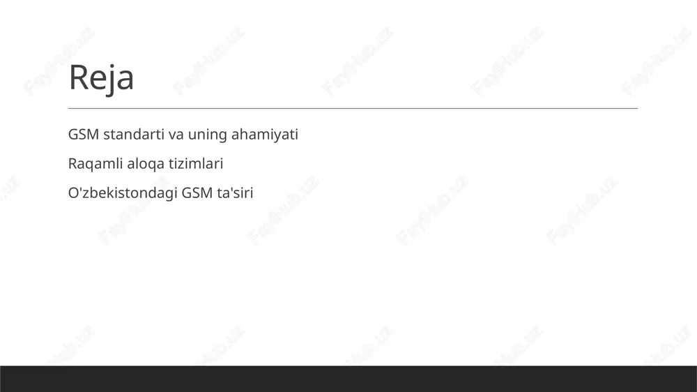 mobil tarmoqlarni samarali ishlashini ta'minlaydi va innovatsiyalarni qo'llab-quvvatlaydi. 3 ijtimoiy va madaniy ta'sir - gsm va raqamli aloqa tizimlari o'rtasidagi bog'lanish, ijtimoiy aloqalar va madaniyatni rivojlantirib, yosh avlodni ta'lim va axborotga keng kirish imkoniyatini yaratadi. o'zbekistonda gsm standartining qabul qilinishi va tarqalishi. 1 o'zbekistonga kirishi - gsm standartining o'zbekistonga kirishi 1996 yilda boshlandi, bu mamlakatda mobil aloqa rivojlanishiga katta turtki berdi. 2 tarqalish jarayoni - gsm tarmog'i o'zbekistonda tezda kengayib, 2000-yillarning boshlarida bir necha mobil operatorlar tomonidan joriy etildi va ommalashdi. 3 ijtimoiy ta'sir - gsm standartining tarqalishi odamlar o'rtasida aloqani osonlashtirib, ijtimoiy va iqtisodiy hayotni sezilarli darajada o'zgartirdi. 4 innovatsiyalar va o'sish - mobil aloqa tarmoqlarining rivojlanishi telefon xizmatlaridan tashqari, internet va boshqa raqamli xizmatlarga kirishni ham ta'minladi. gsm standartining ijtimoiy va iqtisodiy ta'siri. ijtimoiy ta'sir gsm standartining joriy qilinishi, ijtimoiy aloqalarni kuchaytirib, odamlar o'rtasida axborot almashinuvi va muloqotni osonlashtirdi. iqtisodiy o'sish gsm tizimlari, yangi ish o'rinlari yaratish va …