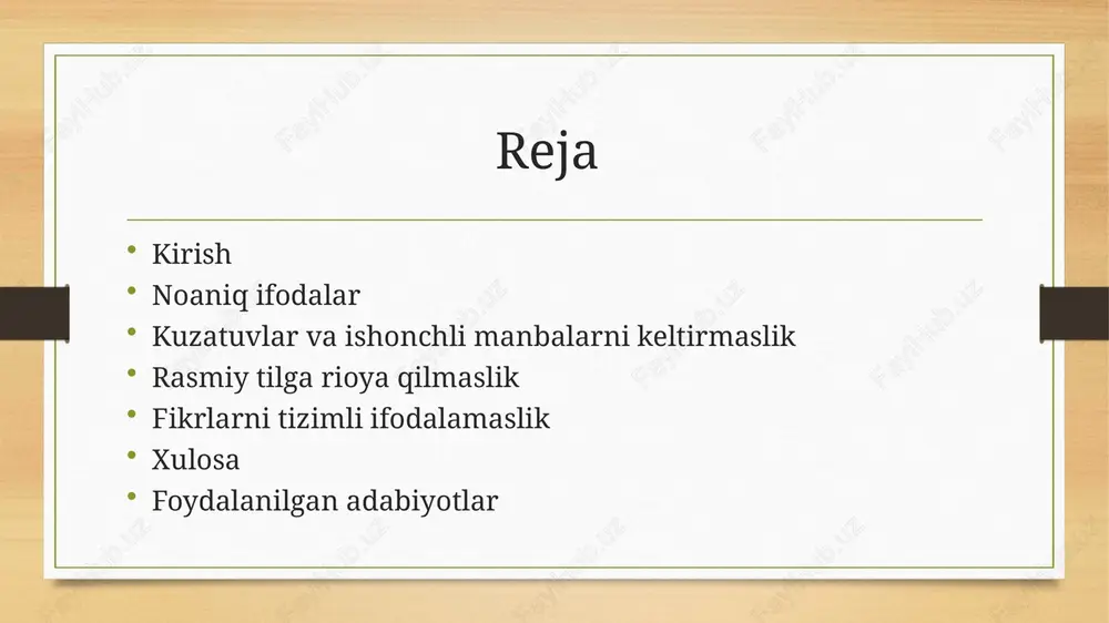 ir nechta joyda qayta-qayta aytish. masalan: • "xulosa shundan iboratki, ilmiy ishda natijalar juda muhim. natijalar ilmiy ishning asosiy qismidir." • bu ibora bir xil fikrni ikki marta takrorlaydi va matnni ortiqcha qiladi. • takrorlanishdan qochish usullari: • anik va bir marta ifodalash: har bir fikrni bir marta aniq va to'liq ifodalash kerak. • sintaksisni o'zgartirish: fikrni takrorlamaslik uchun, gap tuzilishini o'zgartirish yoki yangi misollar keltirish mumkin. • tahrir qilish: matnni tahrir qilishda takrorlanishlarni aniqlab, ularni tuzatish zarur. • takrorlanishdan qochish ilmiy ishning ravonligini va aniq tushunilishini ta'minlaydi. kuzatuvlar va ishonchli manbalarni keltirmaslik • akademik matnlarda kuzatuvlar va ishonchli manbalarni keltirmaslik ilmiy ishning ishonchliligini pasaytiradi. fikrlarni yoki xulosalarni manbalar bilan tasdiqlamaslik ilmiy ishni zaiflashtiradi. • misollar: • "bu usul samarali ishlaydi" degan fikrni kuzatuvlar yoki manbalar bilan asoslamaslik. • "ko'plab tadqiqotlar shuni ko'rsatdiki..." deb boshlanib, manbalar taqdim etilmaslik. • noaniqlikdan qochish usullari: • fikrlarni ishonchli manbalar va kuzatuvlar bilan tasdiqlash. …
