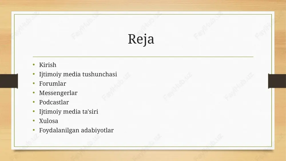 l telefonlar va internet tezligining yaxshilanishi. • yangi platformalar: instagram, tiktok, snapchat kabi yangi tarmoqlarning paydo bo'lishi. • kontentning diversifikatsiyasi: qisqa video formatlari, jonli efirlar va interaktiv hikoyalar kabi yangi kontent turlari. • ijtimoiy media shakllari o'zgarib, turli auditoriyalarni jalb qilish va foydalanuvchilarga yangi imkoniyatlar yaratishda davom etmoqda. bloglar • tavsif: bloglar — bu onlayn platformalarda yozma kontent yaratish va tarqatish imkoniyatini beradigan vositalardir. blog yozuvchilari o'z fikrlarini, tajribalarini, bilimlarini yoki ma'lumotlarini keng jamoatchilikka taqdim etishadi. bloglar ko'pincha shaxsiy, ijtimoiy yoki professional mavzularda bo'lishi mumkin. • bloglarning xususiyatlari: • shaxsiy ifoda: foydalanuvchilar o'zlarining shaxsiy fikrlarini yoki tajribalarini boshqalar bilan baham ko'rishadi. • kontentning xilma-xilligi: bloglarda matn, rasm, video va boshqa multimediya tarkiblari mavjud bo'lishi mumkin. • yozuvchi va o'quvchi o'rtasida muloqot: komentariyalar va fikrlar orqali o'quvchilar bilan o'zaro aloqada bo'lish. • misollar: • wordpress: eng mashhur blog yaratish platformalaridan biri. • blogger: google tomonidan taqdim etilgan bepul blog platformasi. • …
