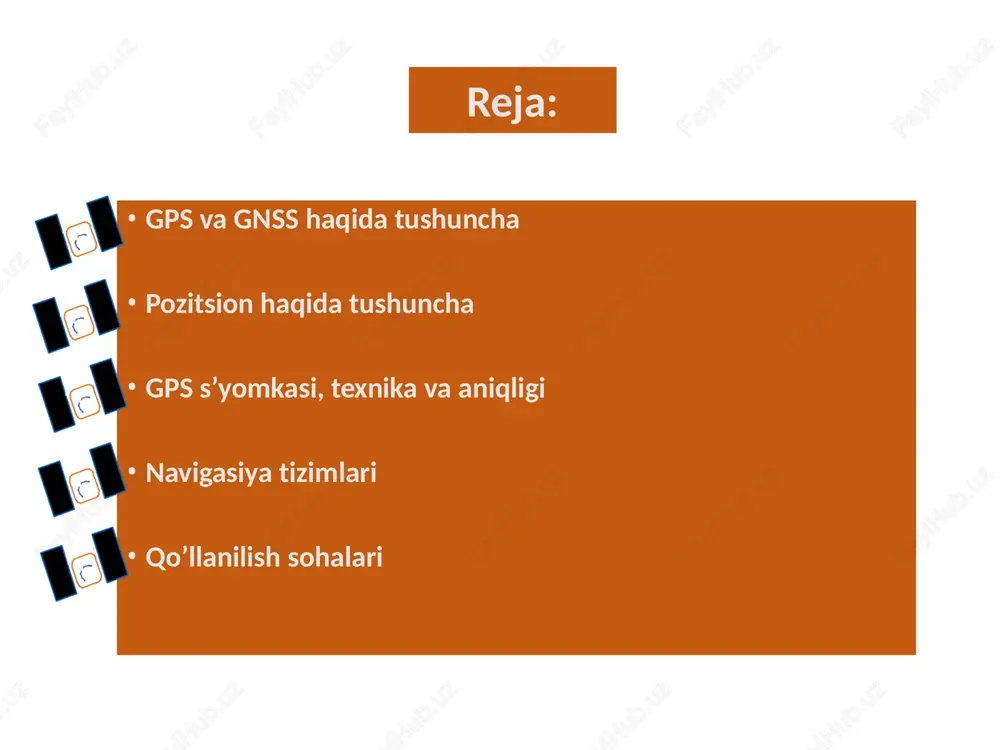 8 blok ii/iia suniy yo’ldoshning 1- uchishi : 14 apr 89(89-97) jami: 28 blok iif suniy yo’ldoshning 1- uchishi : 2009 blok iii gps to’g’risida ma’lumot • umumiy harajatlari ~$12 milliard • yillik harajatlari ~$400 million • 3 segment: • fazoviy: sputniklar • foydalanuvchi: qabul qiluvchilar • kontrol: monitor & kontrol stansiyalari • kordinata tizimi: wgs-84 • tashkillashtiruvchi: aqsh samoviy izlanishlar kuchlari ( us air force space command (afsc) kontrol segmenti fazoviy segment navstar : navigasiya 24 sputniklar (30) foydalanuvchi segmenti gps tizim tarkibi fazo segmenti • 24 suniy yoldosh • 4 sputnik har 6 orbitada (55 grad) • 20-200 km yer sathidan • 12 soatli orbitalar • 7.5 yil muddatli • har xil sinflari – block 1, 2, 2a, 2r & 2 f ekvator 55 kontrol segmenti asosiy boshqaruv nuqtasi monitor kuzatuv joyi yerdagi antenna kolorado tekisligi gavaya ascension islands diego garcia kwajalein kuzatuv va boshqaruv gps segmenti monitor …