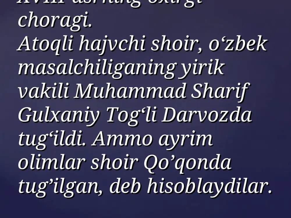 ng navkari vazifasida xizmat qila navkari vazifasida xizmat qila boshladi. amir olimxon va amir boshladi. amir olimxon va amir umarxon zamonlarida gulxaniy umarxon zamonlarida gulxaniy bir qancha harbiy yurishlarda bir qancha harbiy yurishlarda ishtirok etdi, biroq uning jasorati ishtirok etdi, biroq uning jasorati amirlar tomonidan yetarli amirlar tomonidan yetarli darajada qadrlanmadi.darajada qadrlanmadi. 1822 yil.1822 yil. amir umarxon amir umarxon topshirig‘iga binoan shoir topshirig‘iga binoan shoir o‘zining mashhur o‘zining mashhur «zarbulmasal» nomli «zarbulmasal» nomli asarini yaratdi.asarini yaratdi. xix asrning 40-yillari boshi. xix asrning 40-yillari boshi. gulxaniy vafot etdi. uning o‘limi gulxaniy vafot etdi. uning o‘limi to‘g‘risida har xil ma’lumotlar to‘g‘risida har xil ma’lumotlar bor. ba’zilar qo’qonda vafot bor. ba’zilar qo’qonda vafot etgan, deydilar. boshqa olimlar etgan, deydilar. boshqa olimlar esa mana bunday ma’lumotni esa mana bunday ma’lumotni beradilar: umarxonning o‘g‘li beradilar: umarxonning o‘g‘li muhammad alixon taxtga muhammad alixon taxtga o‘tirgach,o‘tirgach, oradan bir necha vaqt o‘tgach, oradan bir necha vaqt o‘tgach, shoirni …