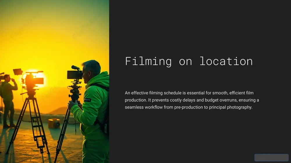e=made-with-gamma step 2: organise by location and time of day 1 group scenes by location minimise company moves between locations to save valuable time and resources. 2 schedule day/night scenes consider natural and artificial lighting needs for exterior and interior shots. 3 prioritise availability factor in key actor availability, location access restrictions, and permits. https://gamma.app/?utm_source=made-with-gamma step 3: prioritise and sequence scenes • begin with smaller, less complex sets to build momentum and establish a rhythm for the crew. • avoid scheduling highly intricate or challenging scenes on the first few days to foster a positive and efficient working environment. • strategically combine related scenes within the same location or with similar cast members to reduce setup times and minimise location changes, optimising flow. https://gamma.app/?utm_source=made-with-gamma step 4: account for setup, reset, and breaks "time spent planning is never wasted. it ensures that every minute on set is maximised for production." • …