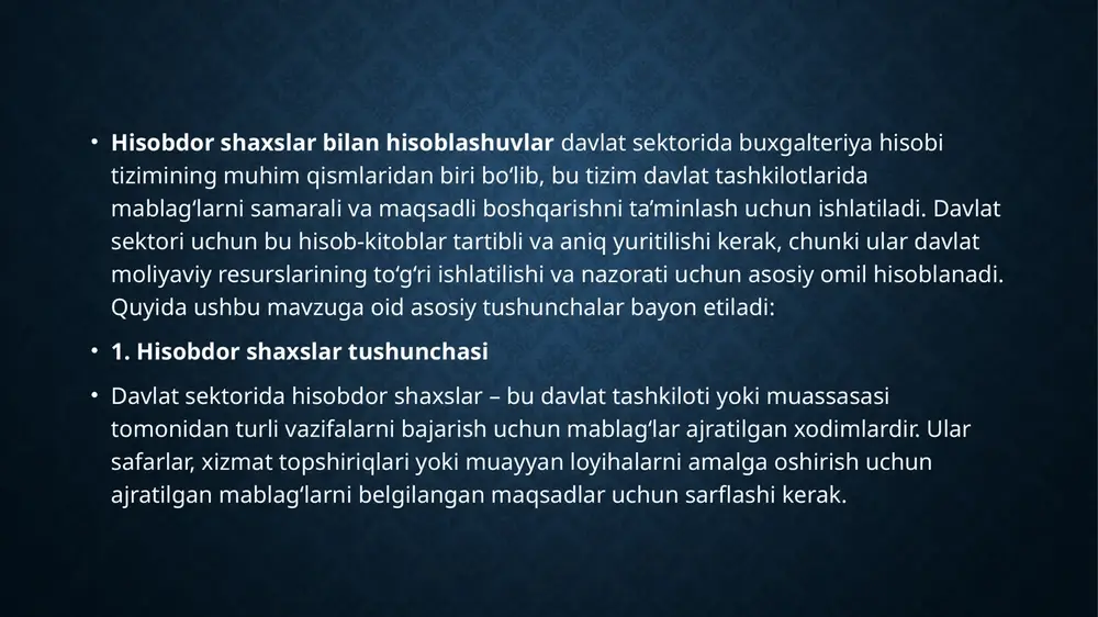 hisobvaraqlariga kiritiladi va buxgalteriya balansida o‘z aksini topadi. • avanslar hisobi: avanslar buxgalteriya hisobida maxsus hisobvaraqlarda ko‘rsatiladi. ushbu mablag‘lar hisobdor shaxs tomonidan hujjatlar bilan tasdiqlangan xarajatlar ko‘rsatilgandan so‘ng balansdan chiqariladi. • hisoblashuvlarning balansga ta’siri: ajratilgan mablag‘lar bilan bog‘liq hisob-kitoblar davlat yoki tijorat tashkilotining umumiy moliyaviy holatiga ta’sir qiladi. shuning uchun, har bir hisoblashuv aniqlik va to‘g‘rilik bilan amalga oshirilishi kerak. • hisobdor shaxslar bilan hisoblashuvlar qoidalari har bir davlat yoki tijorat sektori tashkilotida qattiq tartib va qoidalarga bo‘ysunadi. ushbu qoidalar: • mablag‘larning maqsadli va aniq ishlatilishini ta’minlash, • xarajatlarni aniq hujjatlar bilan asoslash, • hisobotlarni belgilangan muddatlarda taqdim etishni talab qiladi. • hisobdor shaxslar bilan hisoblashuvlar hisobini yuritish buxgalteriya tizimining muhim qismi bo‘lib, tashkilotning moliyaviy tartib-intizomini saqlashga yordam beradi. mablag‘larning maqsadli ishlatilishi, aniq va o‘z vaqtida hisob-kitoblar buxgalteriya tizimining asosiy maqsadlaridan biridir. bu jarayon davlat va tijorat tashkilotlarining samarali faoliyatini ta’minlash uchun zarur hisoblanadi. • hisobdor shaxslar bilan hisoblashuvlar jarayoni …