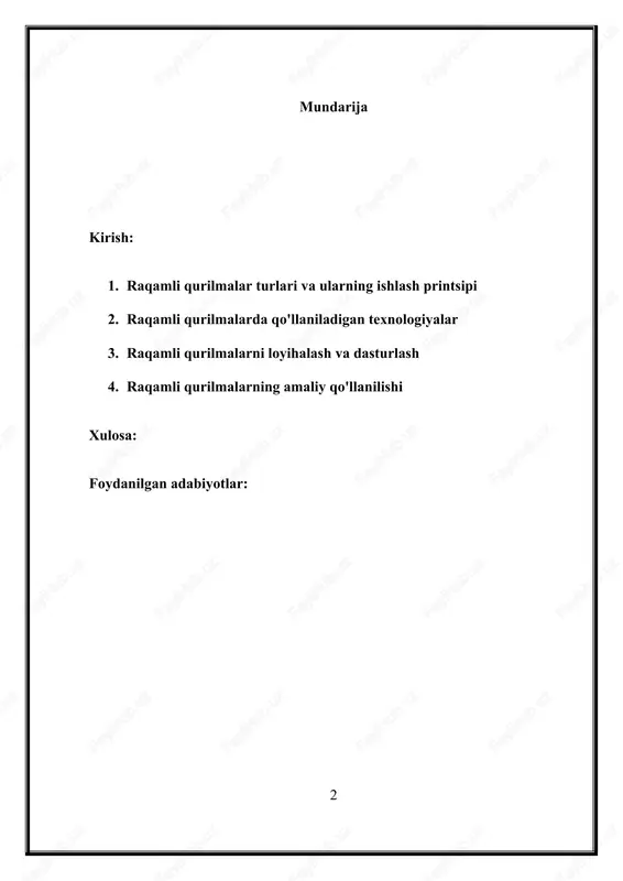 tlar asosida turli xil arifmetik va mantiqiy amallarni bajarish imkonini beradi. raqamli texnologiyalar asosida ishlab chiqilgan qurilmalar bugungi kunda kundalik hayotimizning ajralmas qismiga aylangan. raqamli qurilmalar va ularning ishlash printsipi haqida umumiy tushuncha berilgan bo'lib, ularning hayotimizdagi roli va ahamiyatini ta'kidlangan. davomida, raqamli qurilmalar turlari va ularning ishlash printsipi, texnologiyalari, dasturlash metodlari va amaliy qo'llanilishi haqida batafsil ma'lumotlar keltiriladi. 4 1. raqamli qurilmalar turlari va ularning ishlash printsipi raqamli qurilmalar turli sohalarda qo'llaniladi va ularning ishlash prinsiplari turlicha bo'lishi mumkin. quyida eng keng tarqalgan raqamli qurilmalar turlari va ularning ishlash printsiplari keltirilgan:  raqamli hisoblash qurilmalari (kompyuterlar, mikrosxemalar): raqamli hisoblash qurilmalari ma'lumotlarni saqlash, ishlash va qayta ishlashda asosiy vositalardir. kompyuterlar, masalan, kiruvchi ma'lumotlarni qayta ishlash, arifmetik amallarni bajarish, mantiqiy hisob-kitoblarni amalga oshirish uchun ishlatiladi. ularning ishlash printsipi mikroprotsessorlar va mikrosxemalardan iborat bo'lib, ular ma'lumotlarni ikkilik kodda (0 va 1) ko'rinishida qabul qiladi va ushbu ma'lumotlarni kerakli natijalarga aylantiradi.  logik …