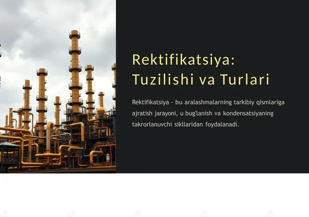 'lanish, kondensatsiya va massaning almashinuvi. 1 2 3 massaning almashinuvi bug' va suyuqlik o'rtasida massaning almashinuvi sodir bo'lib, tozalik darajasi oshadi. ikk i mahsulotl i rektifikatsiya ikki mahsulotli rektifikatsiya ikkita asosiy komponentga ega bo'lgan aralashmalarning ajratilishiga asoslangan. birinchi mahsulot ikkinchi mahsulot qaynatish nuqtasi past bo'lgan komponent qaynatish nuqtasi yuqori bo'lgan komponent ustun yuqorisidan olinad ustun pastkisidan olinad suyultir i lgan rektifikatsion kolonkalar suyultirilgan rektifikatsiya bosimi past bo'lgan sharoitda amalga oshiriladi. 1 past qaynatish nuqtasi suyultirilgan rektifikatsiya qaynatish nuqtasi yuqori bo'lgan moddalarni ajratish uchun ishlatiladi. 2 ka m ro q energiya kamroq energiya sarfi talab qilinadi, chunki moddalar pastroq haroratda qaynaydi. 3 tozalik suyultirilgan rektifikatsiya yuqori tozalik darajasini ta'minlaydi. ikk i yoki u n d a n ort iq mahsulotl i rektifikatsiya ikki yoki undan ortiq mahsulotli rektifikatsiya uch yoki undan ko'p komponentga ega bo'lgan aralashmalarning ajratilishiga asoslangan. fraktsionlash turli qismlarni ajratish uchun turli qismlarga bo'linadi. m u ra k ka …