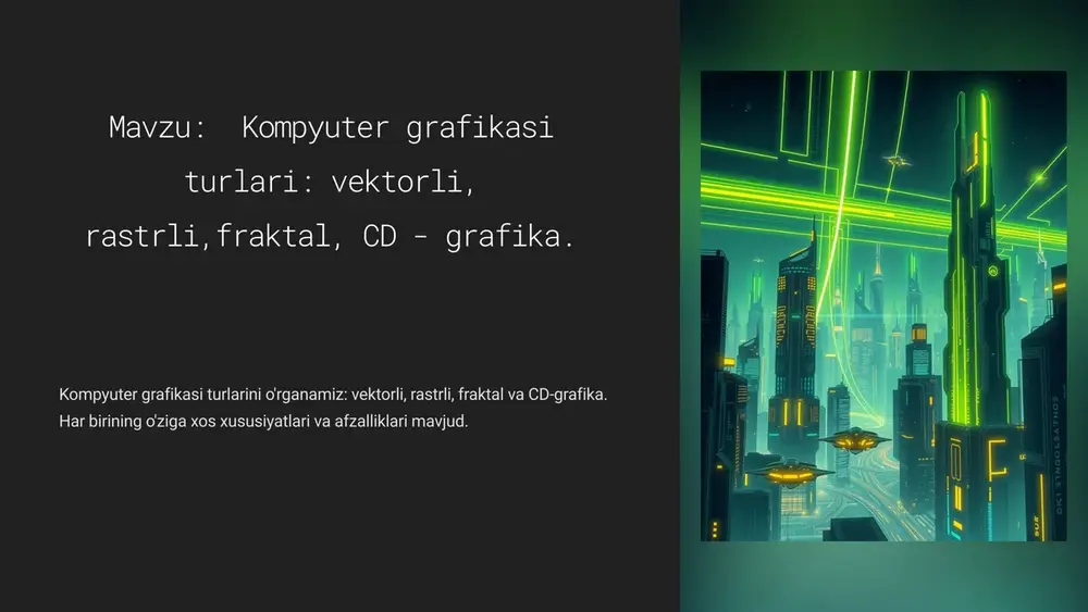'lchovli grafikalar va animatsiyalar ham mavjud bo'lishi mumkin. https://gamma.app/?utm_source=made-with-gamma kompyuter grafikasining istiqbolli yo'nalishlari virtual reallik vr texnologiyalari tobora rivojlanib, yangi imkoniyatlar ochadi. kengaytirilgan reallik ar loyihalar qo'llanilish doirasi kengaymoqda. xolografik texnologiyalar xologramma va ekranlar yangi davrni boshlaydi. https://gamma.app/?utm_source=made-with-gamma vektorli grafikaning afzalliklari 1 sifatlilik vektorli grafika matematik formula asosida yasalgani uchun kengaytirish yoki kichraytirish jarayonida sifat yo'qolmaydi. 2 tahrirlanuvchanligi vektorli grafika oson tahrirlanadi, ya'ni elementlar, ranglar, shakl va o'lchamlar bir necha marta o'zgartirilishi mumkin. 3 hajm vektorli grafika fayllar hajmi kichik bo'ladi, chunki matematik formulalar yoziladi, rassomlik elementlari emas. https://gamma.app/?utm_source=made-with-gamma rastrli grafikaning afzalliklari tabiiylik rastrli grafika tabiatning ko'rinishlarini juda tabiiy va real aks ettiradi. tafsilotlilik rastrli grafika piksellari ko'p bo'lgani uchun juda tafsilotli va mukammal tasvirlar yaratish imkonini beradi. ijodkorlik rastrli grafika yordamida rassomlar, dizaynerlar va boshqa ijodkorlar o'z g'oyalarini mukammal ifodalay olishadi. https://gamma.app/?utm_source=made-with-gamma fraktal grafikaning afzalliklari cheksizlik fraktal grafikalar matematikaviy formulalar asosida yaratilgani uchun ular cheksiz darajada murakkab va noyob …