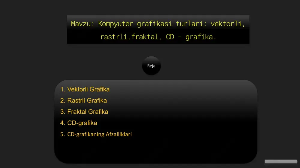 a vektorli grafika nima? vektorli grafika matematik formulalar asosida chiziladi. bu grafikalar kengaytirilganda yoki kichraytirilganda sifati pasaymas. qayerda qo'llaniladi? logotipdalar, sarlavhalar, banner va boshqa katta o'lchamdagi tasvirlar yaratishda foydalaniladi. afzalliklari yuqori sifat, kichraytirilganda ham sifati pastlamas, oson tahrirlash imkoniyati. https://gamma.app/?utm_source=made-with-gamma rastrli grafika 1 nima? rastrli grafika piksellardan tuzilgan bo'lib, piksellarning sifati va hajmi munosabatida sifat belgilanadi. 2 qayerda qo'llaniladi? fotografiya, rasm, dizayn va boshqa tasviriy san'atda keng qo'llaniladi. 3 afzalliklari noyob va tabiiy tasvirlar yaratish imkoniyati, o'zgartirishlar uchun keng imkoniyatlar. https://gamma.app/?utm_source=made-with-gamma fraktal grafika nima? fraktal grafika matematika va geometriya asosida yaratilgan ijodiy tasvirlardir. qayerda qo'llaniladi? rasm va dizaynlarda, shuningdek, video effektlarda, signal qayta ishlash va boshqalarga qo'llaniladi. afzalliklari cheksiz darajada murakkab va noyob tasvirlar yaratish imkoniyati, kompakt fayllar hajmi. qiyinchiliklari yaratish uchun murakkab matematik bilimlar talab qilinishi, masofaviy tasvirlashda kam qo'llanilishi. https://gamma.app/?utm_source=made-with-gamma cd-grafika optik disklarda cd, dvd va blu-ray disklarda yaratilgan grafika. yuqori sifat kompakt disklarda juda yuqori sifatli multimedia …