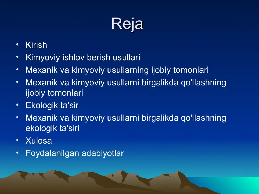 laridan chiqarib tashlash. – tuproqni havalandiradi, bu esa o'simliklarning o'sishini yaxshilaydi. – katta maydonlarda samarali va tezkor. • qovlash (sarg'ishlar) va yumshatish – qovlash ishlari begona o'tlarni ildizlaridan ajratib, tuproqni yumshatadi. – begona o'tlarning ildiz tizimini buzish orqali o'sishiga to'sqinlik qiladi. – yillik o'tlar uchun yaxshi usul, ammo uzoq muddatli o'sadigan o'tlar uchun kamroq samarali. • yerni qoplaydigan materiallar qo'llash (mulchlash) – tuproq yuzasini begona o'tlardan himoya qilish uchun organik yoki noorganik materiallar bilan qoplash. – mulch tuproqni nam saqlaydi va begona o'tlarning o'sishini cheklaydi. – bu usul ekologik xavfsiz va tuproq unumdorligini oshiradi. • yomg'ir va suv bilan chayish – suv oqimlari yordamida begona o'tlarni yuvib, ularni qatorlardan chiqarib yuborish. – suvli usulni qishloq xo'jaligi uchun yirik maydonlarda ishlatish mumkin. • mexanik ishlov berishning afzalliklari: • ekologik jihatdan xavfsiz, chunki kimyoviy moddalardan foydalanilmaydi. • tuproq tuzilishini yaxshilaydi va unumdorlikni saqlaydi. • katta maydonlarda samarali qo'llanilishi mumkin. kimyoviy ishlov berish …