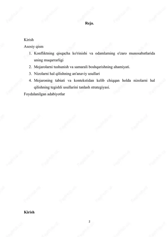 ash, hamdardlik va tushunish muhimligini ko'rib chiqamiz. oxir oqibat, nizolarni hal qilishning maqsadi nafaqat nizolarni tugatish, balki chuqurroq tushunishni rivojlantirish, munosabatlarni mustahkamlash va hamkorlik va rivojlanish uchun qulay muhitni yaratishdir. mojarolarni hal qilish tamoyillari va amaliyotlarini o'rganish orqali shaxslar va tashkilotlar mojarolarni inoyat bilan hal qilishlari mumkin, muammolarni ijobiy o'zgarishlar va jamoaviy rivojlanish imkoniyatlariga aylantiradi. 1. konfliktning qisqacha ko'rinishi va odamlarning o'zaro munosabatlarida uning muqarrarligi 4 qarama-qarshilik odamlar va guruhlarning turli nuqtai nazarlari, ehtiyojlari va manfaatlaridan kelib chiqadigan insoniy munosabatlarning o'ziga xos tomonidir. bu odamlar o'zlarining maqsadlari, e'tiqodlari yoki qadriyatlari va boshqalarning maqsadlari o'rtasidagi tafovut, kelishmovchilik yoki qarama-qarshilikka olib keladigan tafovutni sezganda paydo bo'ladi. mojaro turli shakllarda namoyon bo'lishi mumkin, jumladan, shaxslararo nizolar, tashkiliy nizolar yoki ijtimoiy tartibsizliklar. insoniy munosabatlardagi nizolarning muqarrarligiga bir qancha omillar yordam beradi: perspektivlardagi farqlar: shaxslarning o'ziga xos kelib chiqishi, tajribasi va dunyoqarashi mavjud bo'lib, ular vaziyatlarni idrok etish va talqin qilishni shakllantiradi. bu farqlar ko'pincha …
