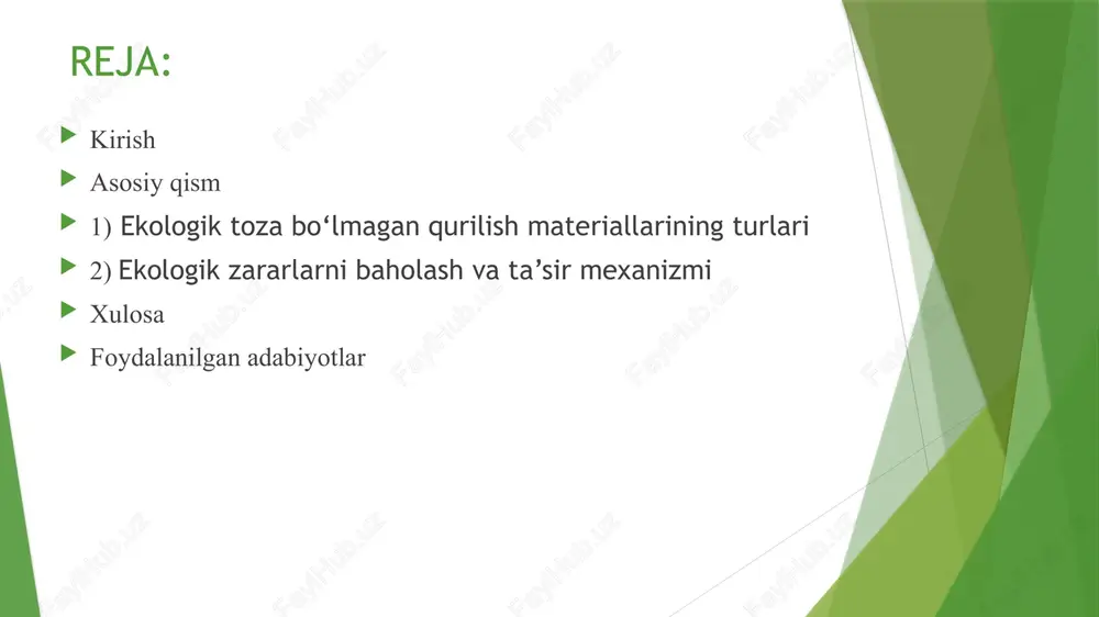 viy qo‘shimchalar ekologik ta’sirni kuchaytiradi. beton qurilish jarayonida ko‘p miqdorda suv talab qiladi va energiya talabi yuqori. beton konstruktsiyalarining yaroqsiz holga kelishi natijasida katta miqdorda chiqindi paydo bo‘ladi; bu chiqindilarni qayta ishlash darajasi juda past. temir-betonning ishlab chiqarilishi esa metallurgiya sanoatining katta energiya sarfi bilan bog‘liq. beton va temir-betonning ekologik ta’siri plastmassa va pvc asosidagi qurilish materiallari  pvc (polivinilxlorid) — qurilishda keng qo‘llaniladigan, ammo ekologik jihatdan xavfli material. uni ishlab chiqarishda vinilxlorid monomeri, qayta ishlashda esa dioksinlar ajraladi. pvclar yonilganda toksik gazlar havoga chiqadi. plastmassa materiallar biologik parchalanmaydi va yuzlab yillar davomida atrof-muhitda qolib ketadi.  ko‘pikli polistirol (penoplast) va ekstrudirovanniy polistirol (penopleks) ishlab chiqarishda stiren moddasidan foydalaniladi — stiren inson salomatligi uchun xavfli kimyoviy birikma bo‘lib, u havo muhitiga oson chiqadi. yomon sifatdagi mineral paxtalarda fenol va formaldegid qatronlari bo‘ladi; ular yopiq xonalarda sekin-asta ajralib chiqadi va odam sog‘lig‘iga zarar yetkazadi. sun’iy issiqlik izolyatsiyasi: penoplast, penopleks, mineral paxtaning …