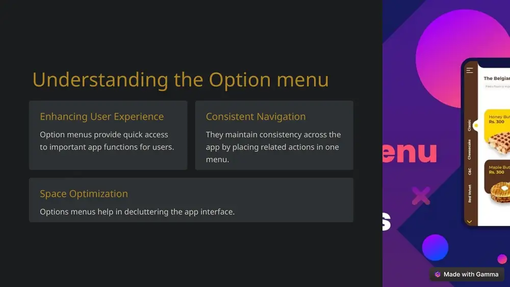 use simple and descriptive language for menu items to aid quick understanding. logical grouping organize related options together to enhance user navigation and accessibility. visual clarity utilize appropriate icons and graphics to support menu items for visual appeal and ease of recognition. consistency maintain uniformity in menu layouts and interactions across different sections of the application. https://gamma.app/ advanced features and functionalities technological integration integrate advanced technology for seamless user experience. innovative solutions implement cutting- edge solutions for enhanced functionality. high performance optimize performance for efficient application operation. robust security ensure strong security measures to protect user data. https://gamma.app/ case studies and examples user testing of mobile applications conducting thorough user testing helps in identifying usability issues and improving overall user experience. case study: application interface design exploring successful application interface design examples provides valuable insights for effective ui/ux implementation. https://gamma.app/ conclusion and key takeaways after understanding the control application properties …
