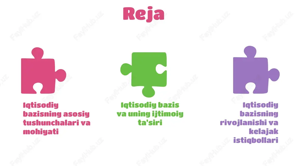 hning asosiy omillaridan biridir. iqtisodiy bazis, iqtisodiy faoliyatning asosiy elementlarini, masalan, ishlab chiqarish quvvatlari, resurslar va infratuzilmani o'z ichiga oladi. bu omillar iqtisodiy o'sishni rag'batlantirishda muhim rol o'ynaydi. iqtisodiy bazisning o'sishga ta'siri zaruriydir, chunki kuchli iqtisodiy bazis mamlakatning raqobatbardoshligini oshiradi. rivojlangan infratuzilma, malakali mehnat kuchi va innovatsion texnologiyalar iqtisodiy o'sishni tezlashtiradi. shu bilan birga, kuchli iqtisodiy bazis iqtisodiy barqarorlikni ta'minlaydi. iqtisodiy o'sishni rag'batlantirish uchun iqtisodiy bazisni rivojlantirish yo'llari quyidagilarni o'z ichiga oladi: 1) investitsiyalarni jalb qilish, 2) ta'lim va malaka oshirish dasturlarini amalga oshirish, 3) innovatsiyalarni rag'batlantirish va tadbirkorlik muhitini yaxshilash. shunday qilib, iqtisodiy bazis va o'sish o'rtasidagi bog'lanish iqtisodiy rivojlanish uchun muhim ahamiyatga ega. iqtisodiy bazisni mustahkamlash orqali mamlakatlar o'z iqtisodiy o'sishlarini rag'batlantirishi va barqaror rivojlanish yo'lida muvaffaqiyat qozonishi mumkin. iqtisodiy bazis va siyosat iqtisodiy bazis davlat siyosatining asosiy komponentidir. u ijtimoiy- iqtisodiy rivojlanishga ta'sir etadigan omillarni o'z ichiga oladi va hukumatning iqtisodiy strategiyalarini belgilaydi. siyosiy omillar iqtisodiy bazisga …