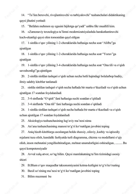 i qaysi olim tomonidan qayd etilgan 17. 1-sinfda o‘quv yilining 1-2-choraklarida haftasiga necha soat “alifbe”ga ajratilgan 18. 1-sinfda o‘quv yilining 1-2-choraklarida haftasiga necha soat “yozuv”ga ajratilgan 19. 1-sinfda o‘quv yilining 3-4-choraklarida haftasiga necha soat “ona tili va o‘qish savodxonligi”ga ajratilgan 20. 2-sinfda sinfdan tashqari o‘qish uchun necha betli hajmdagi bolalarbop badiiy, ilmiy-adabiy kitoblar tanlanadi 21. sinfda sinfdan tashqari o‘qish necha haftada bir marta o‘tkaziladi va o‘qish uchun ajratilgan 17 soatdan foydalaniladi 22. 3-4 sinflarda “o‘qish” fani haftasiga nechi soatdan o’qitiladi 23. 3-4 sinflarda “ona tili” fani haftasiga nechi soatdan o’qitiladi 24. 1-sinfda sinfdan tashqari o‘qish necha haftada bir marta o‘tkaziladi va o‘qish uchun ajratilgan 17 soatdan foydalaniladi 25. aksiologiya tushunchasining lug‘aviy ma’nosi nima 26. an’ana tushunchasining manosi to‘g‘ri ko‘rsatilgan javobini toping 27. aniq hisob-kitoblarga asoslangan holda shaxsiy, oilaviy, kasbiy va iqtisodiy rejalarni tuza olish, kundalik faoliyatda turli diagramma, chizma va modellarni o‘qiy olish, inson mehnatini yengillashtiradigan, mehnat unumdorligini oshiradigan, .......... …