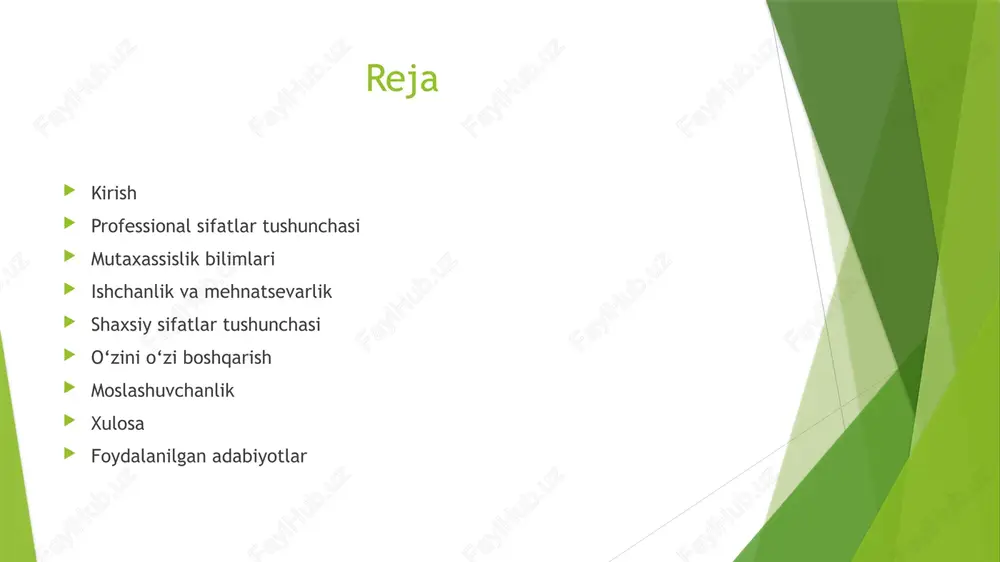 ishlash, natijalarga erishish uchun tashabbus ko‘rsatish.  🔹 jamoada ishlash qobiliyati – hamkasblar bilan samarali muloqot qilish, jamoaviy muhitda ishlash.  🔹 muammo hal qilish va tanqidiy fikrlash – masalalarni tahlil qilish, eng samarali yechimlarni topa olish qobiliyati.  bu sifatlarni rivojlantirish har qanday mutaxassisning muvaffaqiyatga erishishiga yordam beradi. mutaxassislik bilimlari  🔹 mutaxassislik bilimlari – har qanday kasb egasi uchun eng muhim professional sifatlardan biri hisoblanadi. bu sohaga oid chuqur bilim va amaliy ko‘nikmalarga ega bo‘lishni anglatadi.  📌 asosiy jihatlar: ✅ kasbiy bilim va tajribani chuqur egallash ✅ ish jarayonlarini mukammal tushunish ✅ zamonaviy texnologiyalar va yangi usullarni bilish  📌 rivojlantirish yo‘llari: 🔸 doimiy o‘qish va malaka oshirish 🔸 amaliy tajriba orttirish 🔸 o‘z ustida ishlash va yangiliklarga ochiq bo‘lish  mutaxassislik bilimlariga ega bo‘lish insonning kasbiy muvaffaqiyatini ta’minlaydi va uni mehnat bozorida raqobatbardosh qiladi. mas’uliyat va intizom 🔹 mas’uliyat – bu har bir insonning o‘z vazifalariga …