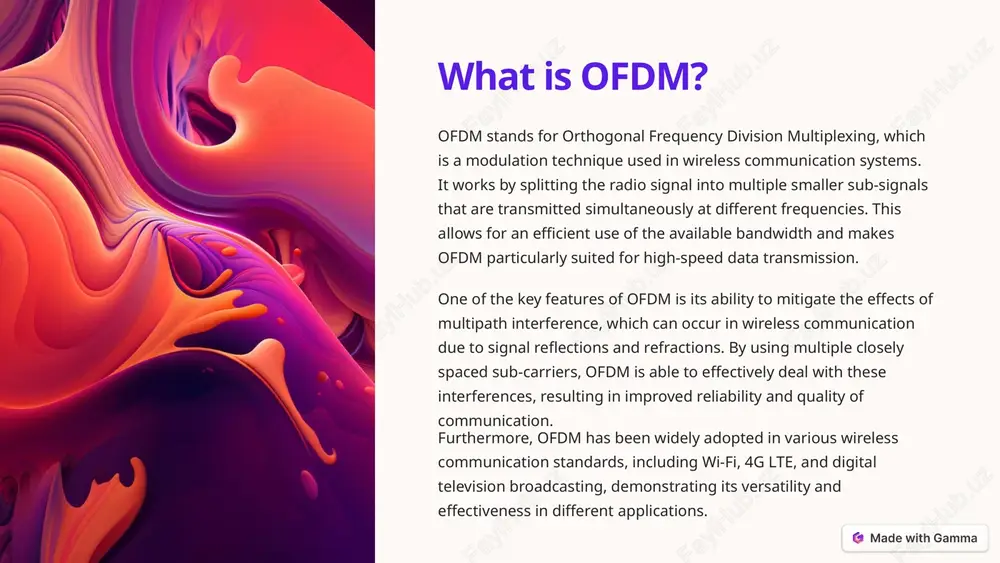 applications. https://gamma.app/ advantages of ofdm in wireless communication improved spectral efficiency orthogonal frequency division multiplexing (ofdm) offers improved spectral efficiency by dividing the available spectrum into multiple orthogonal subcarriers. this enables parallel data transmission, ensuring optimal utilization of the frequency spectrum. resilience to multipath fading ofdm's ability to mitigate multipath fading makes it highly suitable for wireless communication. it leverages the cyclic prefix to combat the adverse effects of multipath propagation, ensuring robust reception in challenging environments. enhanced robustness to noise ofdm exhibits enhanced robustness to noise and interference due to its inherent resistance to frequency-selective fading. by distributing the data across multiple subcarriers, it reduces the impact of noise on the overall communication system. flexibility in subcarrier allocation ofdm's flexibility in subcarrier allocation allows for efficient adaptation to varying channel conditions. dynamic allocation of subcarriers enables adaptive modulation and coding, optimizing system performance in dynamic wireless environments. https://gamma.app/ applications …