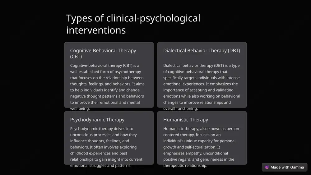 hips to gain insight into current emotional struggles and patterns. humanistic therapy humanistic therapy, also known as person-centered therapy, focuses on an individual's unique capacity for personal growth and self-actualization. it emphasizes empathy, unconditional positive regard, and genuineness in the therapeutic relationship. 2 cognitive-behavioral therapy (cbt) focus: cbt is a type of psychotherapy that focuses on changing negative thought patterns and behaviors to improve emotional regulation and overall mental well-being. techniques: it involves various techniques such as cognitive restructuring, behavioral activation, and exposure therapy to address specific issues. collaborative: cbt is a collaborative process between the therapist and the individual, often involving homework assignments and goal setting. 3 dialectical behavior therapy (dbt) dialectical behavior therapy (dbt) is a type of cognitive-behavioral therapy that aims to help individuals learn healthy ways of coping with stress, regulating emotions, and improving interpersonal relationships. it was originally developed to treat individuals with borderline personality …