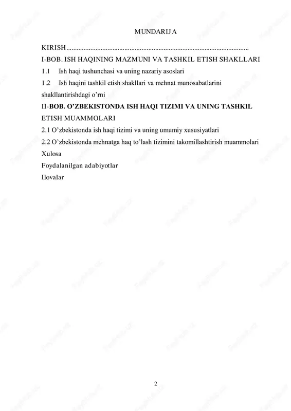 da korxonalar ishini to’g’ri yo’lga qo’yish, tashkil etish, moddiy texnika bazasini mustahkamlash, xodimlarga ijtimoiy adolat prinsiplari asosida ish haqi to’lashni tashkilllashtirish taraqqiyotni ta’minlashda muhim ro’l o’ynaydi. ish haqi – tashkilot xodimlarining asosiy daromad manbai, uning yordami bilan mehnat va iste’mol o’lchovi nazorat qilinadi. ish haqi iqtisodiyotni boshqarishning eng muhim vositasidir, shuning uchun davlat mehatni tashkil qilish va ish haqining huquqiy asoslariga alohida e’tibor beradi. bugungi kunda mamlakatimizda olib borilayotgan islohotlarning bosh maqsadi ham aholining daromadlarini, jumladan ish haqlari miqdorini oshirish hisoblanadi.bu to’g’risida prezidentimiz sh.m.mirziyoyev ham quyidagi fikrlarni bildirganlar: “aholi daromadlarini oshirish, qo’shimcha ish o’rinlari yaratish, mahsulot ish chiqarishni ko’paytirish uchun bizga yangi-yangi bozorlar kerak. buning uchun bozor iqtisodiyoti va davr talablariga mos ko’plab qonun va qarorlarni 4 qabul qilyapmiz. lekin, afsuski, ularni ijro qiladigan ko’pgina amaldorlar hali ham eskicha ish uslubi, rasmiyatchilik va befarqlikdan qutulgani yo’q”.1 mazkur bildirilgan fikrlar mazkur kurs ishining naqadar dolzarb ahamiyat kasb etishini asoslab beradi. kurs …