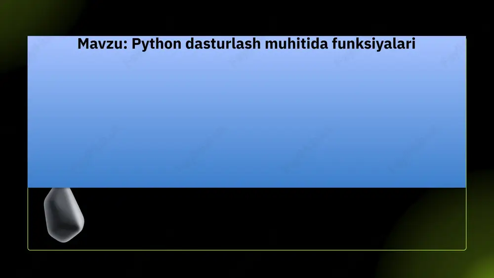 dni yanada tartibli va oson o'qiladigan qiladi. sintaksis va namuna python tilida funksiya sintaksisi quyidagicha ko'rinishga ega: 'def funksiya nomi(parametrlar):'. _ funksiya nomi va parametrlar bilan aniqlanadi, keyin esa funksiyaning tanasi joylashadi. masalan, 'def salom ber(): print("salom, _ dunyo!")' misolida, 'salom ber' _ nomli funksiya yaratildi. funksiya parametrlarini aniqlash funksiya parametrlarini aniqlash orqali foydalanuvchilarga ma'lum qiymatlarni berish imkoniyati yaratiladi. bular funksiya ichida ishlatiladigan o'zgaruvchilar sifatida ko'riladi. misol uchun, 'def qo'sh(x, y): return x + y' kodida, 'x' va 'y' funksiyaning parametrlaridir, ularning qiymatlari funksiyaga chaqirilganda beriladi. funksiyalardan qanday foydalanish kerak? python dasturlash muhitida funksiyalar, kodni qayta ishlatish va modulni tashkil etish imkonini beradi. funksiya yaratishda, siz uning nomini, parametrlarini va bajariladigan kodni belgilaysiz. bu orqali, funksiyalardan foydalanish dasturiy ta'minotning samaradorligini oshiradi. funksiyalarni chaqirish va natijalarni olish funksiyalarni chaqirish uchun ularning nomini yozib, kerakli argumentlarni taqdim etamiz. funksiya bajarilgandan so'ng, natija qaytariladi va uni o'zgaruvchiga saqlash yoki to'g'ridan-to'g'ri chiqarish mumkin. masalan, …