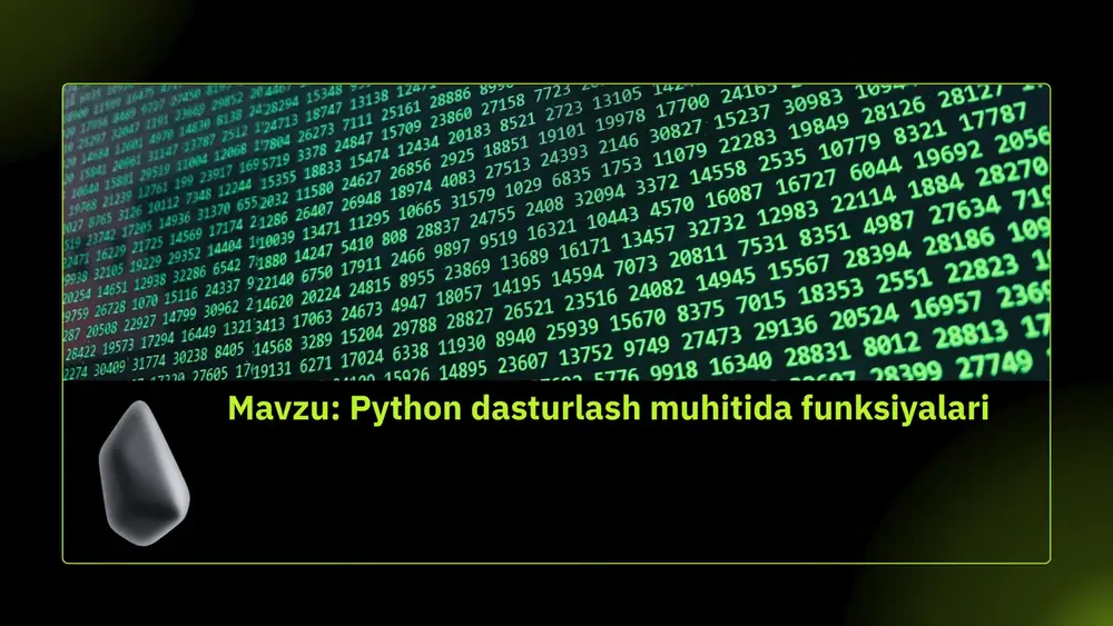 dni yanada tartibli va oson o'qiladigan qiladi. sintaksis va namuna python tilida funksiya sintaksisi quyidagicha ko'rinishga ega: 'def funksiya nomi(parametrlar):'. _ funksiya nomi va parametrlar bilan aniqlanadi, keyin esa funksiyaning tanasi joylashadi. masalan, 'def salom ber(): print("salom, _ dunyo!")' misolida, 'salom ber' _ nomli funksiya yaratildi. funksiya parametrlarini aniqlash funksiya parametrlarini aniqlash orqali foydalanuvchilarga ma'lum qiymatlarni berish imkoniyati yaratiladi. bular funksiya ichida ishlatiladigan o'zgaruvchilar sifatida ko'riladi. misol uchun, 'def qo'sh(x, y): return x + y' kodida, 'x' va 'y' funksiyaning parametrlaridir, ularning qiymatlari funksiyaga chaqirilganda beriladi. funksiyalardan qanday foydalanish kerak? python dasturlash muhitida funksiyalar, kodni qayta ishlatish va modulni tashkil etish imkonini beradi. funksiya yaratishda, siz uning nomini, parametrlarini va bajariladigan kodni belgilaysiz. bu orqali, funksiyalardan foydalanish dasturiy ta'minotning samaradorligini oshiradi. funksiyalarni chaqirish va natijalarni olish funksiyalarni chaqirish uchun ularning nomini yozib, kerakli argumentlarni taqdim etamiz. funksiya bajarilgandan so'ng, natija qaytariladi va uni o'zgaruvchiga saqlash yoki to'g'ridan-to'g'ri chiqarish mumkin. masalan, …