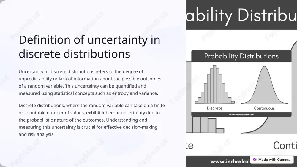 ol for understanding and analyzing discrete probability distributions. https://gamma.app/ calculating entropy for discrete distributions define probability mass function the first step is to define the probability mass function (pmf) that describes the discrete distribution. the pmf gives the probability of each possible outcome. calculate probabilities once the pmf is known, calculate the probability p(x) for each possible value x in the distribution. apply entropy formula the entropy h of a discrete distribution is calculated as the negative sum of p(x) * log(p(x)) over all possible values of x. https://gamma.app/ variance as a measure of uncertainty variance is a statistical measure that quantifies the spread or dispersion of a discrete probability distribution. it captures the degree to which individual data points vary from the mean or average value of the distribution. a higher variance indicates greater uncertainty or unpredictability in the distribution, as the data points are more spread out. conversely, …