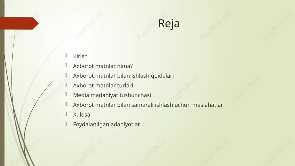 ralish: matnda bo‘lishi mumkin bo‘lgan qo‘shimcha yoki ortiqcha ma’lumotlarni ajratib, asosiy fikrga e’tibor qaratish muhim.  matn mazmunini qisqacha xulosa qilish: o‘qilgan ma’lumotni o‘z so‘zlaringiz bilan qayta bayon etish va xulosa chiqarish.  savollar berish: matn bo‘yicha savollar tuzish va ularga javob topishga harakat qilish o‘qishni samaraliroq qiladi.  tushunarsiz joylarni qayta o‘qish: agar matnda tushunarsiz so‘z yoki fikr bo‘lsa, ularni qayta ko‘rib chiqish va izoh topishga harakat qilish.  bu qoidalar axborot matnlarni yaxshiroq tushunish va ulardan samarali foydalanish imkonini beradi. axborot matnlar turlari  axborot matnlar turli shakllarda bo‘lib, ularning har biri o‘ziga xos maqsad va xususiyatlarga ega. asosiy turlari quyidagilardir:  yangilik matnlari: jurnalistikada keng qo‘llaniladi. bugungi voqealar, hodisalar, yangiliklar haqida qisqa va aniq ma’lumot beradi. masalan, gazeta va internet yangiliklari.  ilmiy va texnik matnlar: muayyan fan yoki texnika sohasiga oid tushuntirishlar, izohlar, ilmiy kashfiyotlar haqida ma’lumot beradi. ular aniq va dalillarga asoslangan bo‘ladi.  qo‘llanmalar …