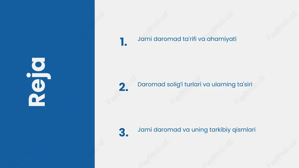 ha bizneslardan keladigan daromad. - **investitsiya daromadi**: aktsiyalar, obligatsiyalar yoki boshqa moliyaviy aktivlardan olingan foyda yoki dividendlarni o'z ichiga oladi. - **boshqalar**: mulk sotish, ijaraga berish yoki boshqa qo'shimcha daromad manbalaridan olingan daromadlar. jami daromadning ushbu komponentlari shaxsning soliq majburiyatlarini belgilashda muhim ahamiyatga ega. 1 2 3 4 daromad solig'i va uning hisoblanishi daromad solig'i jismoniy — shaxslarning jami daromadidan olinadigan soliq. bu soliqni hisoblashda daromadning turli manbalari, masalan, ish haqi, biznes daromadi va boshqa daromadlar hisobga olinadi. daromad solig'ini hisoblash usullari quyidagilardan iborat: progressiv stavka, yengilliklar va chegirmalar. progressiv stavka daromad oshgani sayin soliq stavkasini oshiradi, bu esa yuqori daromadli shaxslar uchun ko'proq soliq to'lashni anglatadi. misol: agar jismoniy shaxsning jami daromadi 50,000 so'm bo'lsa va soliq stavkasi 12% bo'lsa, unda to'lanishi kerak bo'lgan soliq 6,000 so'mni tashkil etadi. daromad solig'i hisoblashda shaxsning umumiy daromadi va soliq stavkasi o'rtasidagi bog'lanish muhimdir. bunday bog'lanish soliq to'lovchilar uchun moliyaviy rejalashtirishda yordam …