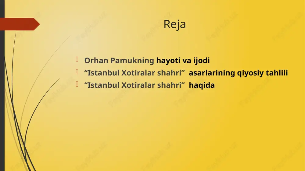 ili https://uz.wikipedia.org/wiki/orhan_pamuk#cite_note-kun.uz-2 https://uz.wikipedia.org/w/index.php?title=miraziz_a%e2%80%99zam&action=edit&redlink=1 https://uz.wikipedia.org/w/index.php?title=istanbul._xotiralar_va_shahar_(kitob)&action=edit&redlink=1 https://uz.wikipedia.org/wiki/2007 https://uz.wikipedia.org/w/index.php?title=ma%e2%80%99rifat_(gazeta)&action=edit&redlink=1 https://uz.wikipedia.org/wiki/orhan_pamuk#cite_note-3  ferit orxan pamuk (1952-yil 7-iyunda tugʻilgan; turkcha talaffuzi: [feˈɾit oɾˈhan paˈmuk][1]) — turk yozuvchisi, ssenariy muallifi, akademik va adabiyot boʻyicha 2006 yilgi nobel mukofoti laureati. turkiyaning eng koʻzga koʻringan yozuvchilaridan biri[2] 63 tilda 13 milliondan ortiq kitob sotgan[3] va bu uni mamlakatning eng koʻp sotilgan yozuvchisiga aylantirgan[4].pamukning “jim uy”, “oq qasr”, “qora kitob”, “yangi hayot”, “mening ismim qizil va qor” romanlari bor. u robert yik-fong tam kolumbiya universitetining gumanitar fanlar bo‘yicha professori bo‘lib, u yerda yozuv va qiyosiy adabiyotdan dars beradi. u 2018-yilda amerika falsafiy jamiyatiga saylangan.[5]asli qisman cherkes boʻlgan va istanbulda tugʻilgan[6] pamuk birinchi turkiyalik nobel mukofoti sovrindori. shuningdek, u boshqa ko'plab adabiy mukofotlar sovrindori. “mening ismim qizil” asari 2002 yilda prix du meilleur livre étranger, 2002 yilda premio grinzane cavour va 2003 yilda dublin xalqaro adabiy mukofotiga sazovor bo‘lgan.yevropa yozuvchilar parlamenti pamuk va xose saramagoning birgalikdagi taklifi natijasida vujudga keldi.[7] …