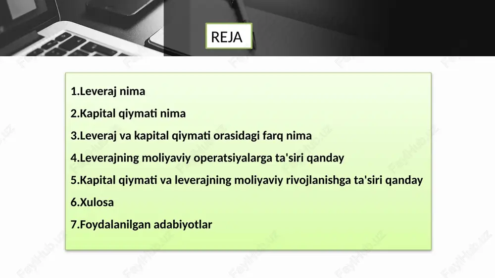 kiritgan mablag'lar orqali aniqlanadi. kapital qiymati bir nechta shakllarda bo'ladi, masalan:  aktsiyadorlik kapitali: kompaniya aktsiyadorlarining sotishga yoki investitsiyaga kiritgan mablag'lar.  maishiy kapital: kompaniya iste'mol etiladigan mablag'lar (aktivlar miqdori miqdoridan egallangan qarzlar va majburiyliklarni hisobga olgan holda).  sahifa kapitali: kompaniya aktsiyadorlarining egallagan yoki sotib olishga kelgan hissalar (kompaniyaning egallagan ma'lumotlari). kapital qiymati kompaniyaning moliyaviy holatini, faoliyatini, chegirma qobiliyatini va qarzdorlik darajasini tushunish uchun juda muhimdir. ushbu ma'lumot kompaniyalar, investorlar, va moliyaviy mutaxassislar tomonidan kompaniyalar va investitsiyalar haqida qaror qabul qilishda ishlatiladi. leveraj va kapital qiymati moliyaviy tushunchalar bo'lib, ular moliyaviy so'rovnomalarda, kompaniyalar yoki shaxslar tomonidan foydalaniladigan moliyaviy vositalardir. boshqa atama, ularning asosiy maqsadlari va xususiyatlari mavjud. leveraj: bu moliyaviy qo'llanma yoki vosita, moliyaviy operatsiyalarda o'z sermayangizdan ko'proq mablag'ni ishlatish imkoniyatini ta'minlaydi. leveraj boshqa moliyaviy manbalardan (kreditlar, qarzlar yoki boshqa moliyaviy vositalar orqali) qo'shimcha mablag'lar olish imkoniyatini beradi. bu mablag'lar daromadni oshirish va operatsiyalarni kengaytirishga yordam beradi, ammo katta …