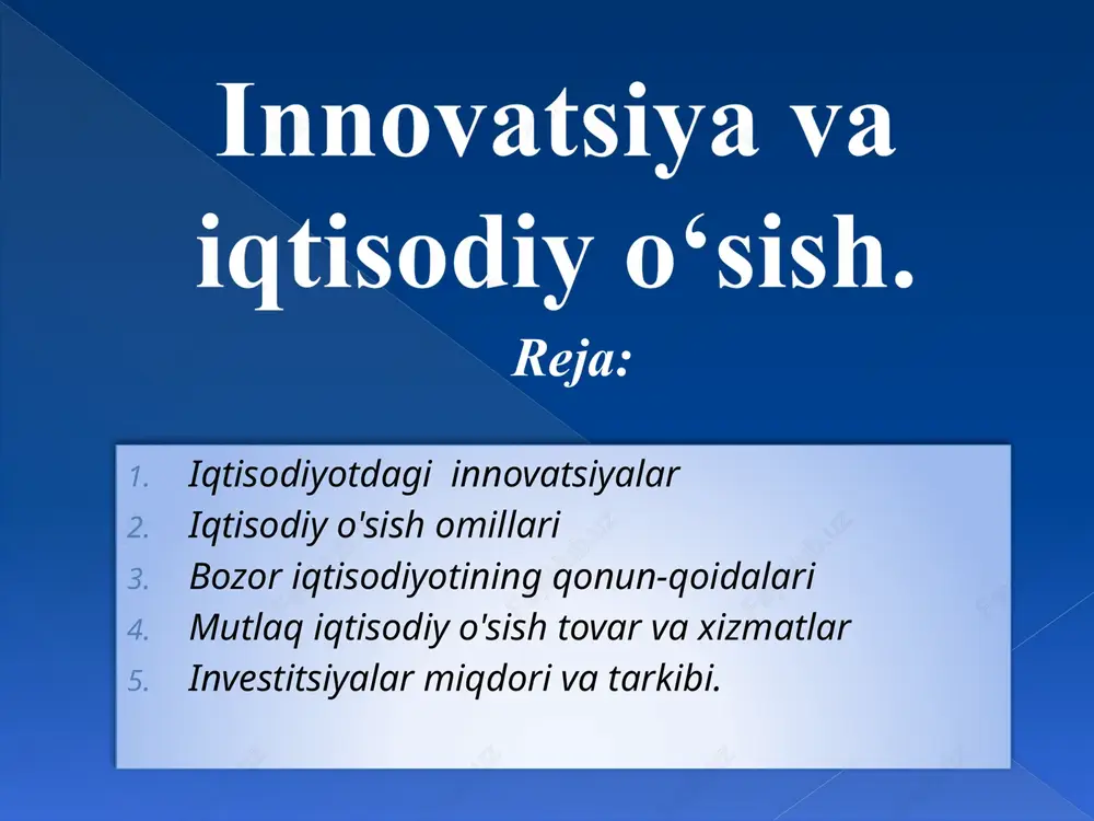 innovatsiyalarni qo'llash orqali bozor raqobatida o'z o'rnini mustahkamlashi mumkin.  iqtisodiy o'sishni ta'minlaydi: yangiliklar iqtisodiyotni o'sishga undaydi, yangi bozorlar va imkoniyatlar yaratadi.  shuningdek, innovatsiyalarni qo'llashning muvaffaqiyati yirik investitsiyalarni va ilg'or tadqiqotlarni talab qiladi, shuningdek, hukumatlar va bizneslar o'rtasidagi hamkorlikni kuchaytiradi. milliy ehtiyojlar uzluksiz qondirilishi uchun iqtisodiyot doimo o'sib borishi talab qilinadi. chunki shunday yo'l bilangina kishilar iste'moliga zarur bo'lgan tovar va xizmatlar ko'plab va xilma- xil yaratiladi. iqtisodiy o'sish‘- bu iqtisodiyotning rivojlanishi, ya'ni hayotiy ne'matlar bo'lgan tovar va xizmatlarning ishlab chiqarilishining ko'payib borishidir. masalan, shu yili real yalm hajmi 185 mlrd. dollar bo'lsa, 5 yildan so'ng bu 225 mlrd. dollarni tashkil etadi. bunda mutlaq iqtisodiy o'sish 40 mlrd. dollarga (225—185=40) teng. mutlaq o'sish iqtisodiy salohiyatning katta yoki kichikligini bildiradi. mutlaq iqtisodiy o'sish tovar va xizmatlar qanday miqdorda ko'payganini bildiradi. buni (0'm) aniqlash uchun real yalm ning hozirgi hajmidan (m2) oldingi hajmi (mi) chegirib tashlanadi. bunda 0 w=m2—mi bo'ladi. nisbiy …
