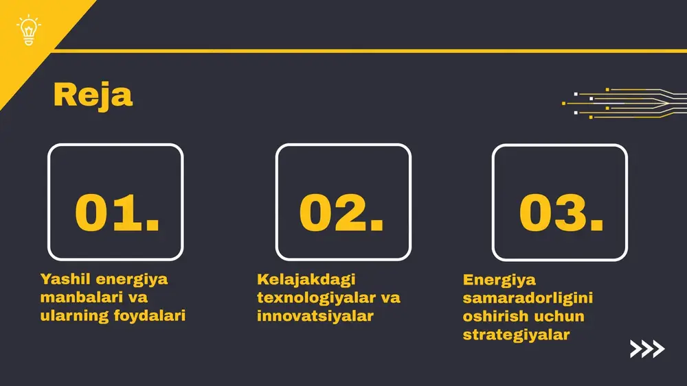 sifatida, energiya ta'minotini diversifikatsiya qiladi va mahalliy iqtisodiyotlarni qo'llab-quvvatlaydi. 3. bioenergiya ishlab chiqarish jarayonida yangi ish o'rinlari yaratiladi. bioenergiya - bu organik chiqindilar va o'simliklardan olinadigan energiya manbaidir. u, asosan, biomassa, biogaz va bioyoqilg'ilar kabi turli shakllarda mavjud. bioenergiya chiqindilardan foydalanish, ekologik toza energiya ishlab chiqarish imkonini beradi va barqaror rivojlanishni ta'minlaydi. tiklanadigan energiya manbalaridan biri: bioenergiya bioenergiya foydalari yashil energiyaning global ta'siri yashil energiya manbalari global energiya iste'molida muhim o'rin tutadi. ular iqtisodiy jihatdan milliy iqtisodlarni diversifikatsiya qilish, yangi ish o'rinlari yaratish va energiya xavfsizligini ta'minlashda yordam beradi. ekologik jihatdan esa, yashil energiya manbalari zararli chiqindilarni kamaytirish orqali atrof-muhitni muhofaza qilishda muhim rol o'ynaydi. tiklanadigan energiya manbalarini o'zlashtirish istiqbollari esa, ushbu sohaning rivojlanishi va samaradorligini yanada oshirish imkoniyatlarini taqdim etadi. kelajak istiqbollari yashil energiya manbalari, jumladan, quyosh, shamol va biokimyoviy energiya, kelajakda muhim ahamiyatga ega. ularning rivojlanishi, birinchi navbatda, innovatsion texnologiyalar va barqaror energiya ta'minotiga bo'lgan talab bilan bog'liq. …